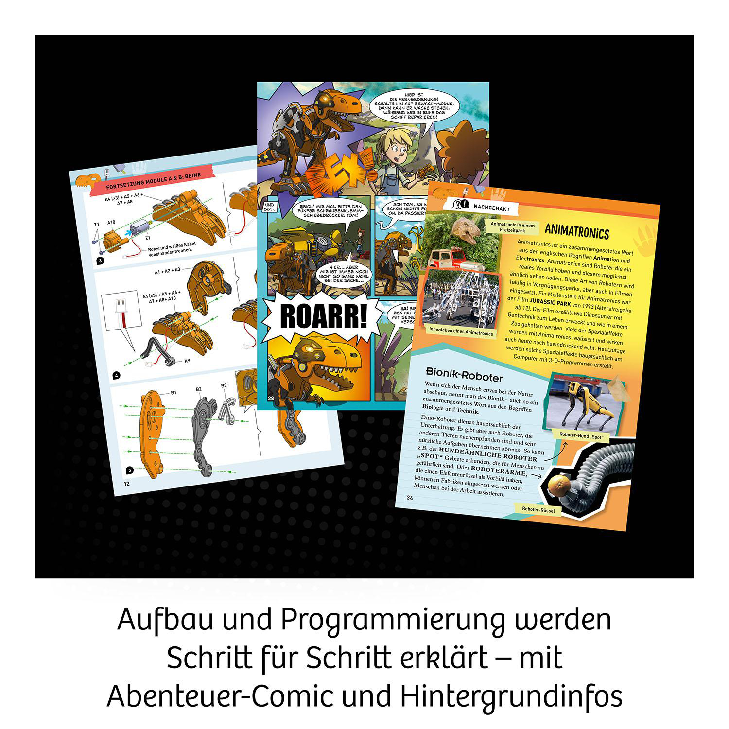 Comic-Seiten mit Bauanleitungen und einer Dinosaurier-Roboter-Illustration.