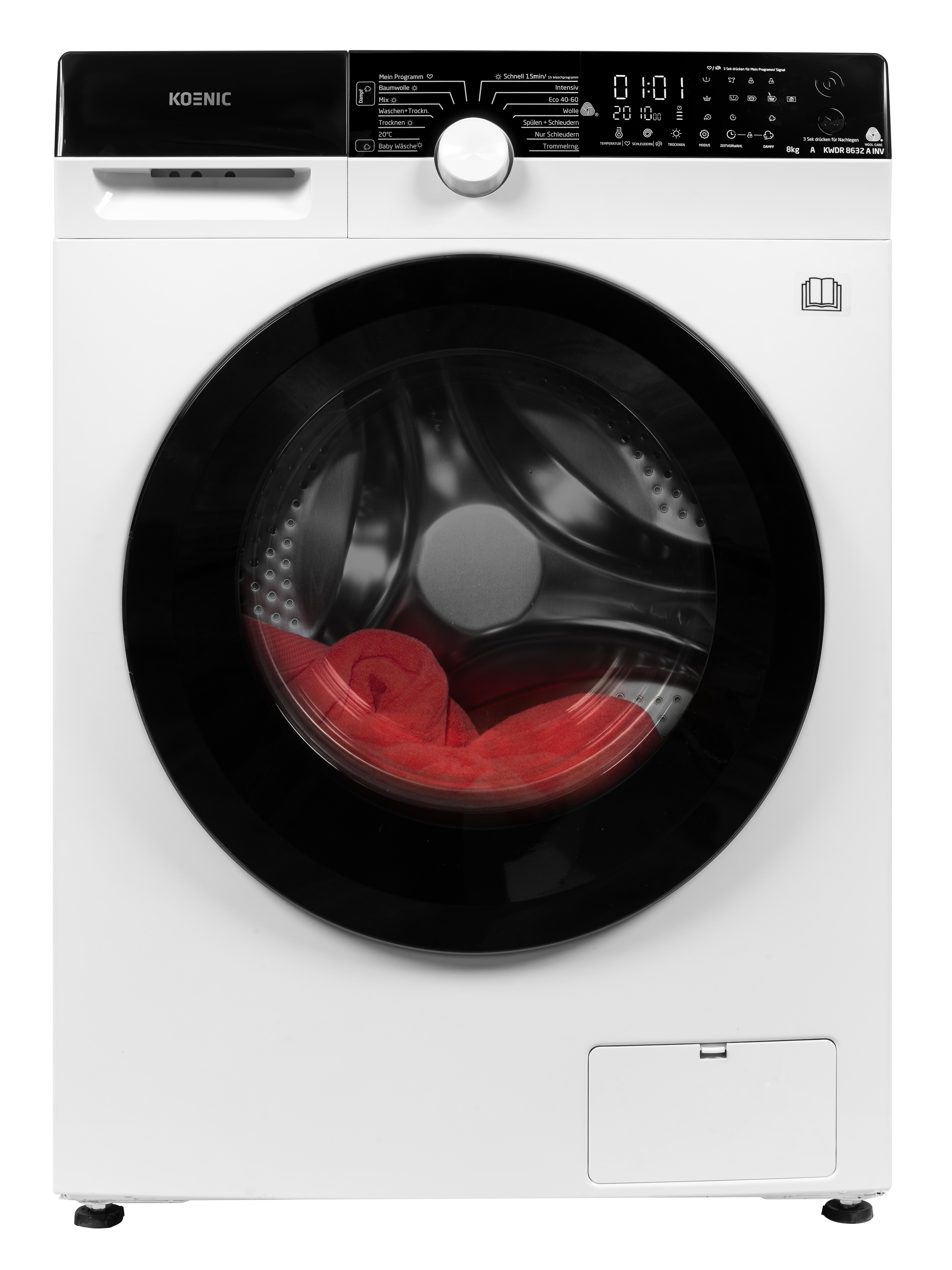 Weiße Koenic Waschmaschine mit schwarzer Tür, rotem Handtuch innen und Display.