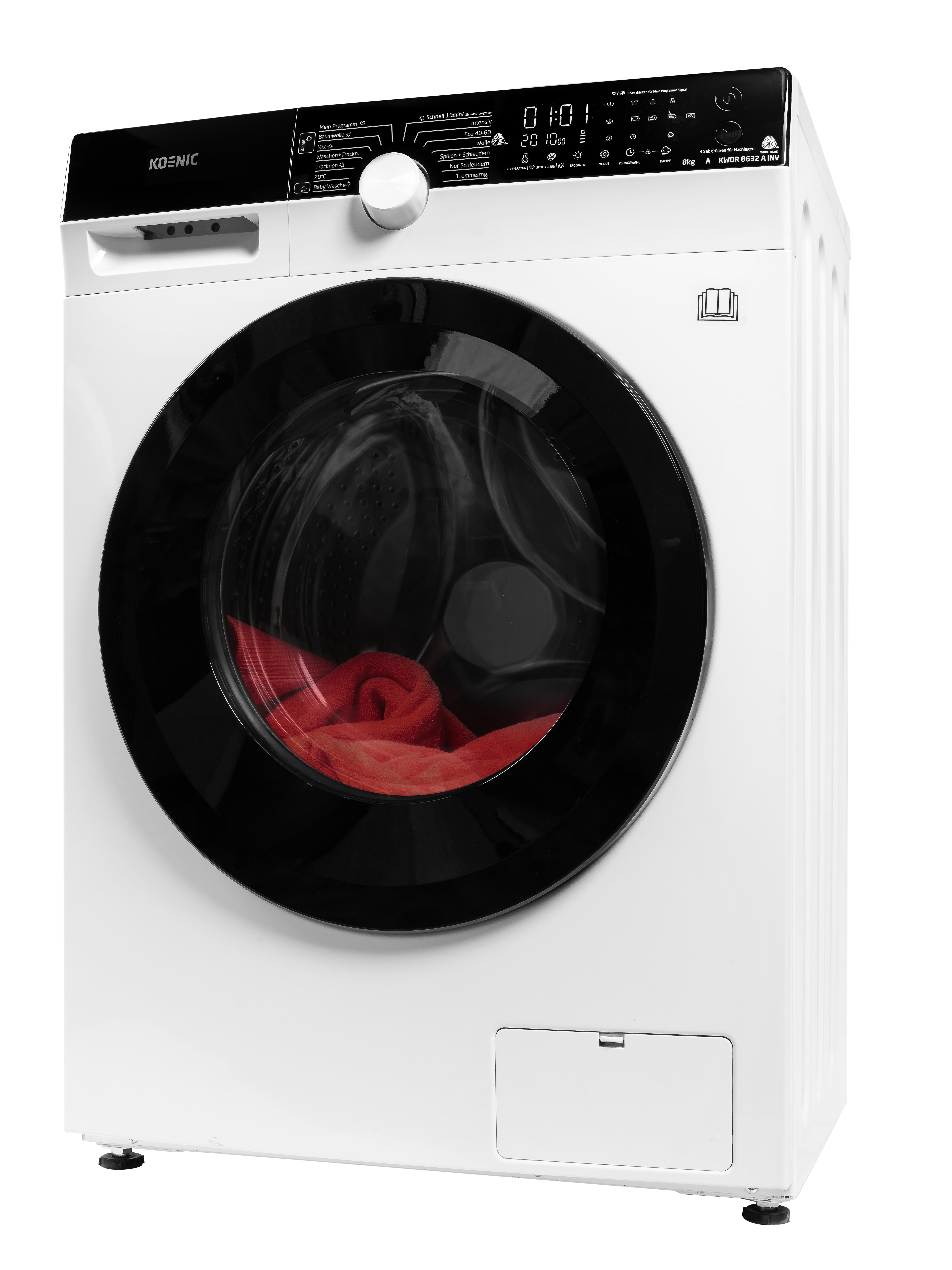 Weiße Waschmaschine mit schwarzer Tür. Ein roter Gegenstand ist im Inneren sichtbar.