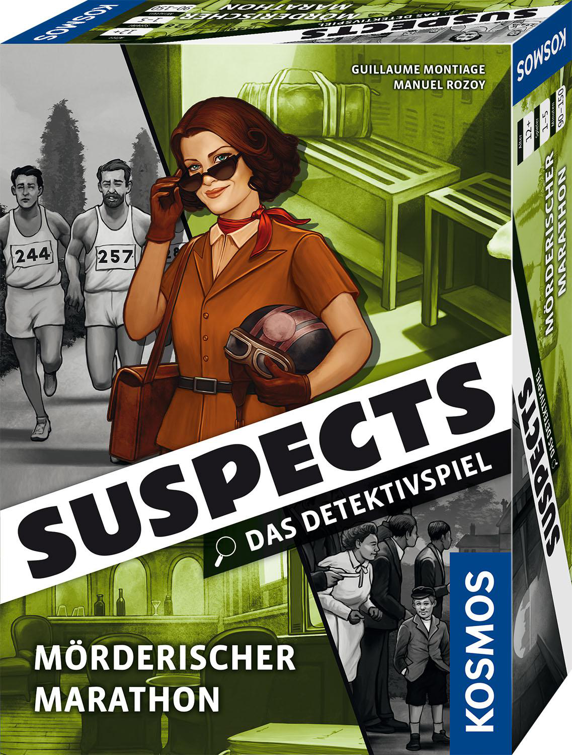 Spielbox, SUSPECTS, Detektivthema, mit einer Frau und Läufern im Hintergrund.