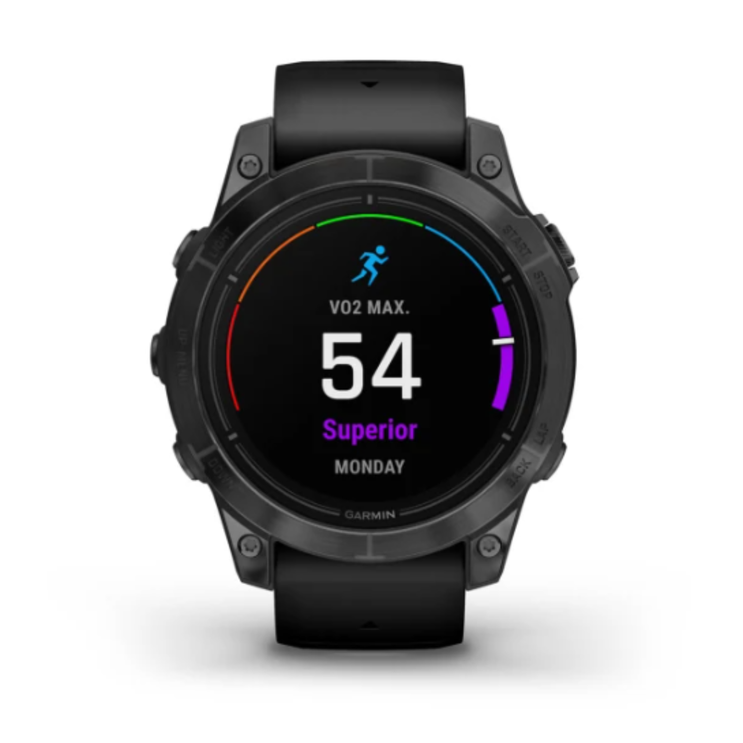 Black Garmin watch displays VO2 max, 54, and 'Superior'.  The screen shows a running figure and the word Monday.