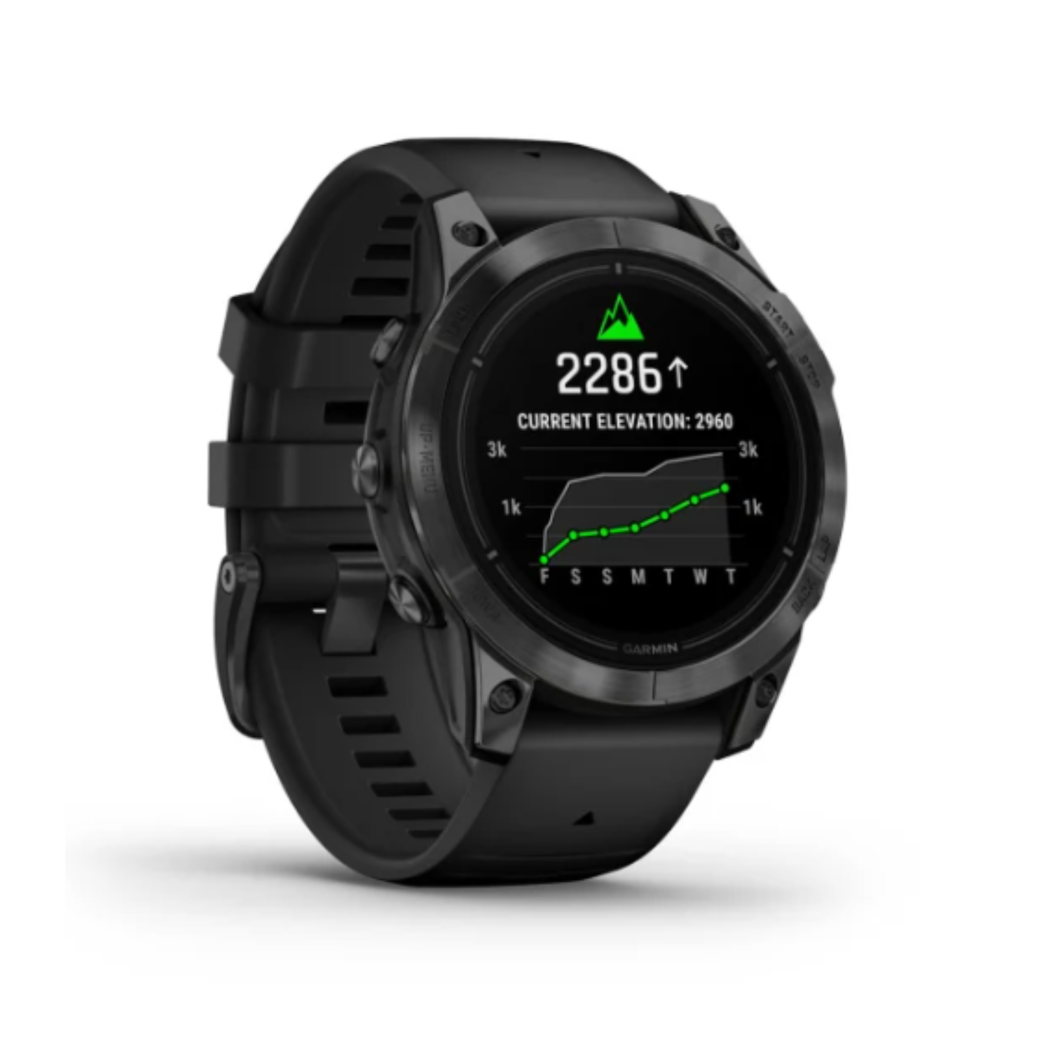 Black Garmin smartwatch displaying elevation data and a graph on its screen.