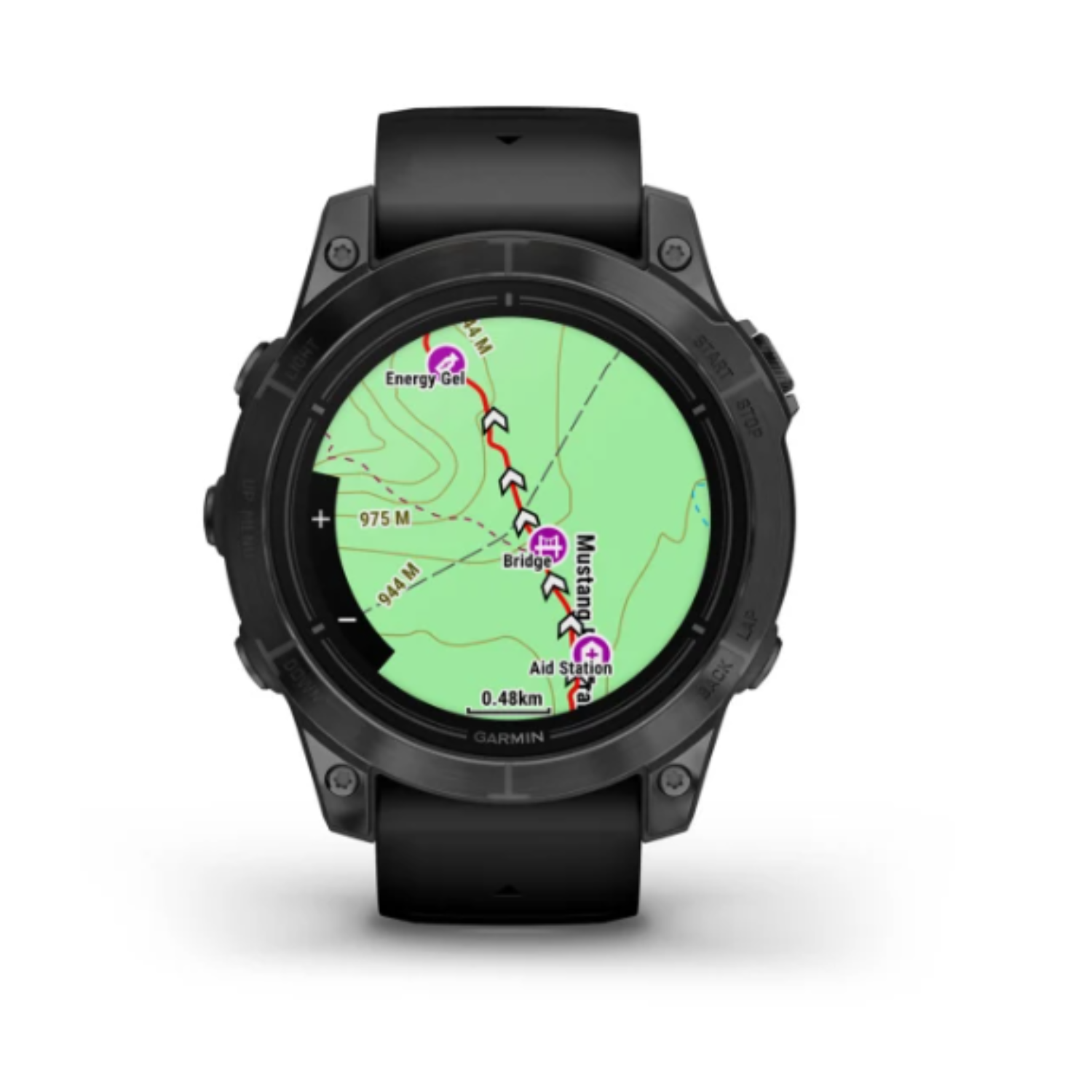 Black Garmin watch displaying a map route with a green background and buttons.