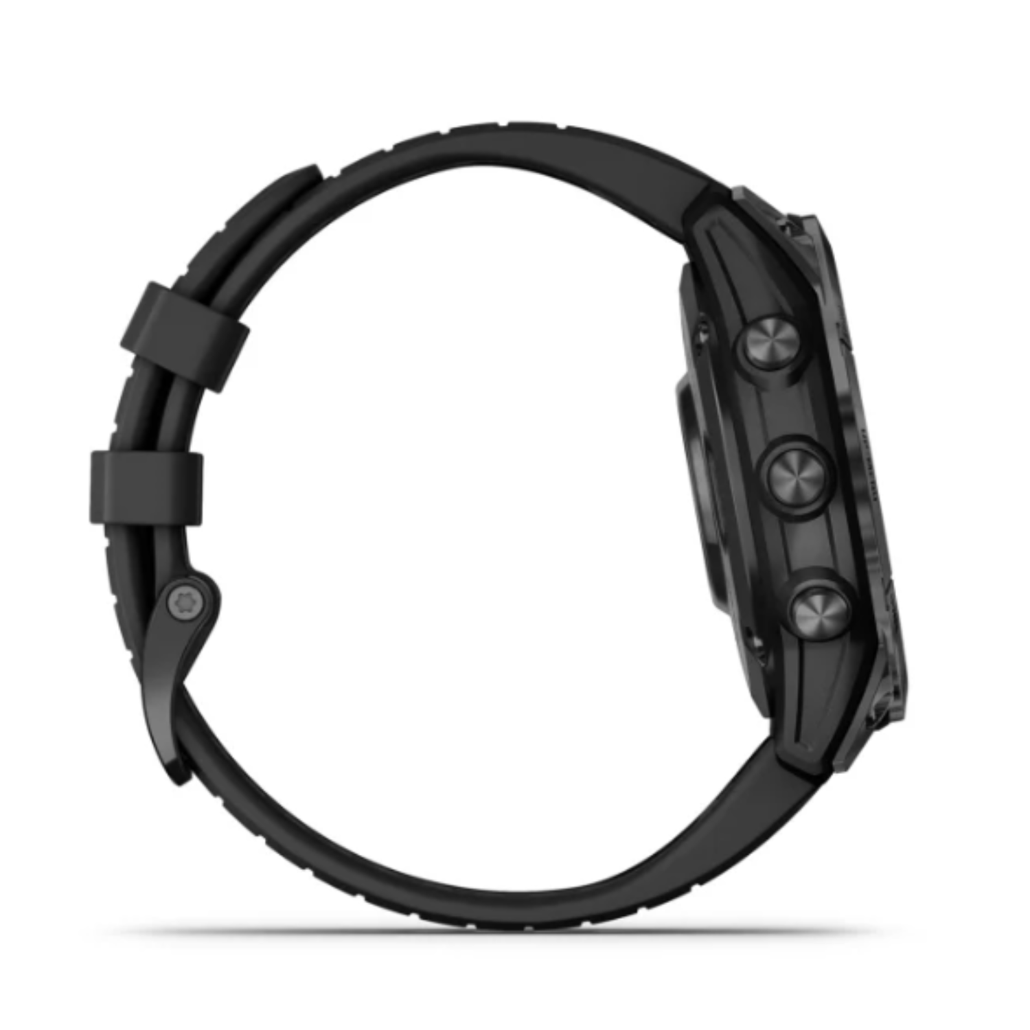 Black Garmin watch with a black strap, showing the side with buttons.