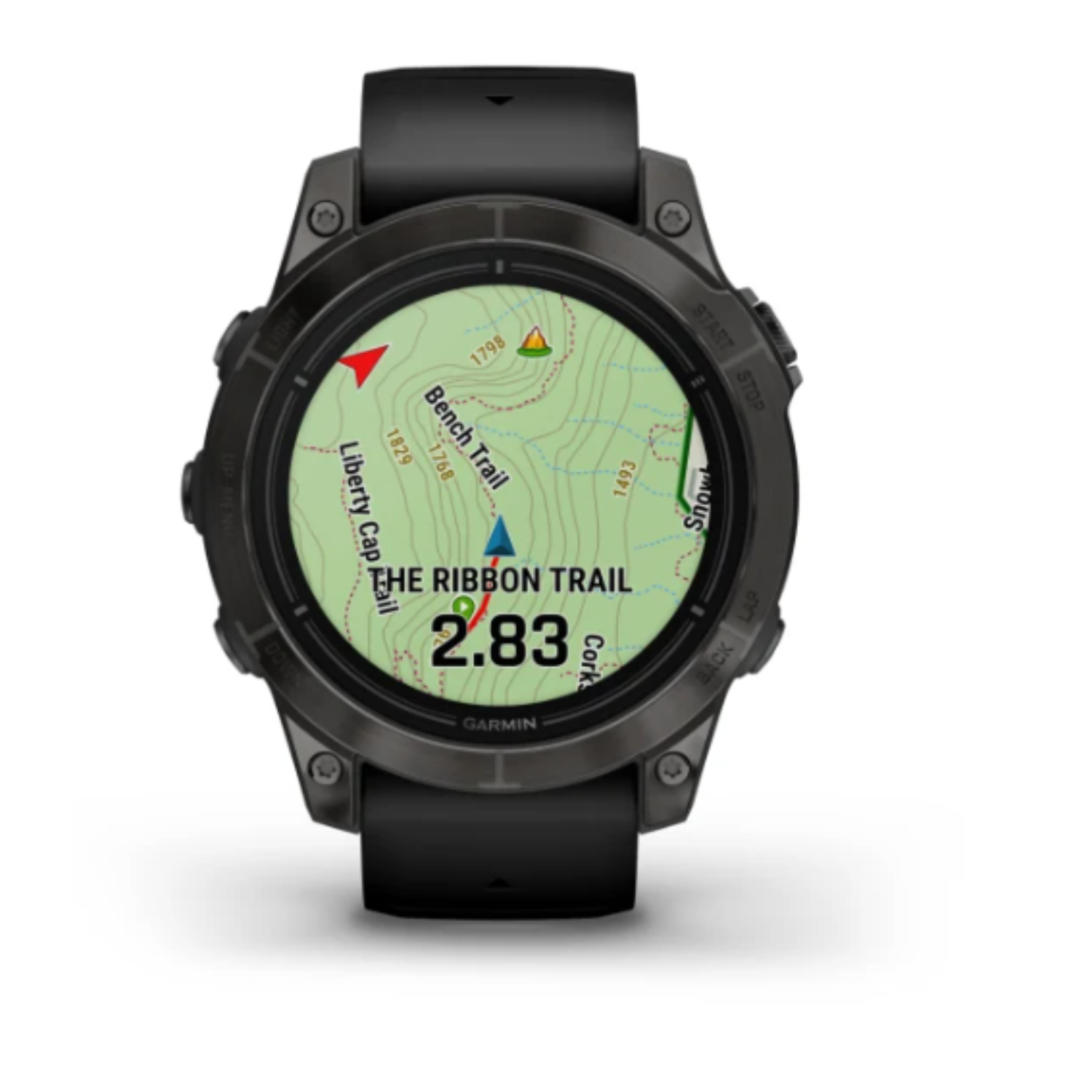 Black smartwatch displays a map with a trail route, showing a compass and distance.