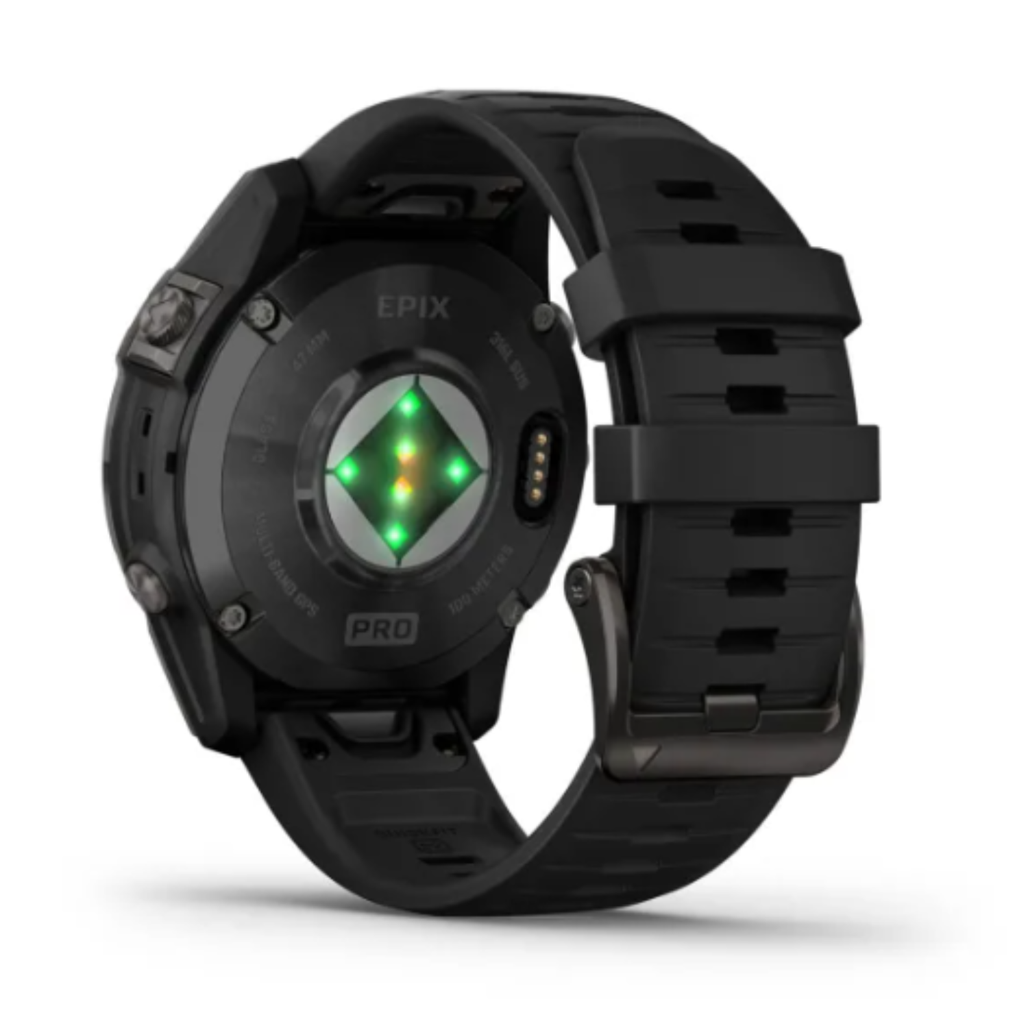Black smartwatch, back view, green heart rate sensor, black strap, dark background.