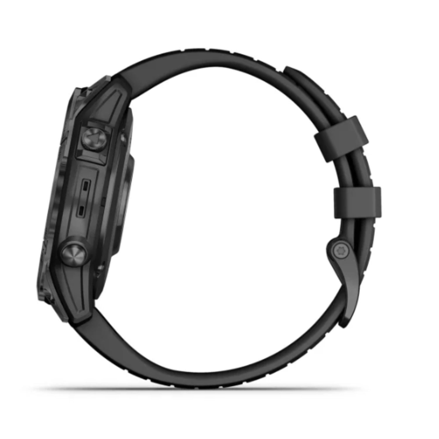 Side view of a black smartwatch with a black band, showing buttons and a screen.