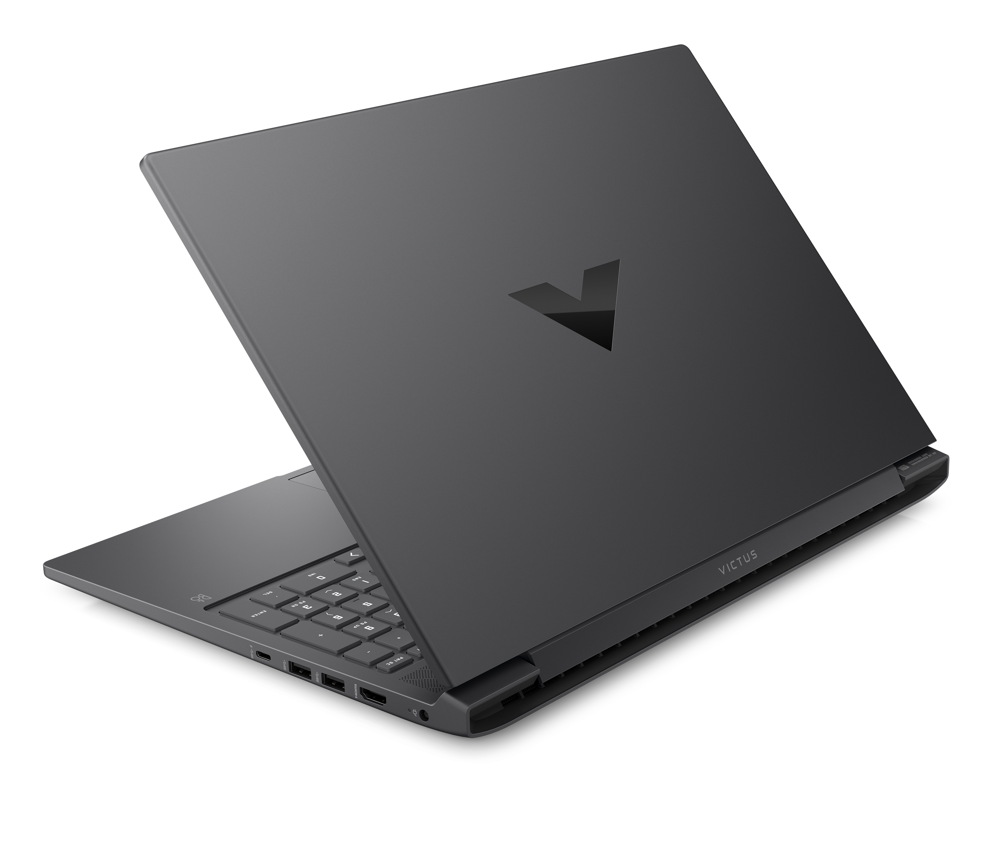 Laptop negro mostrando su parte trasera, con logo V, en una superficie blanca.