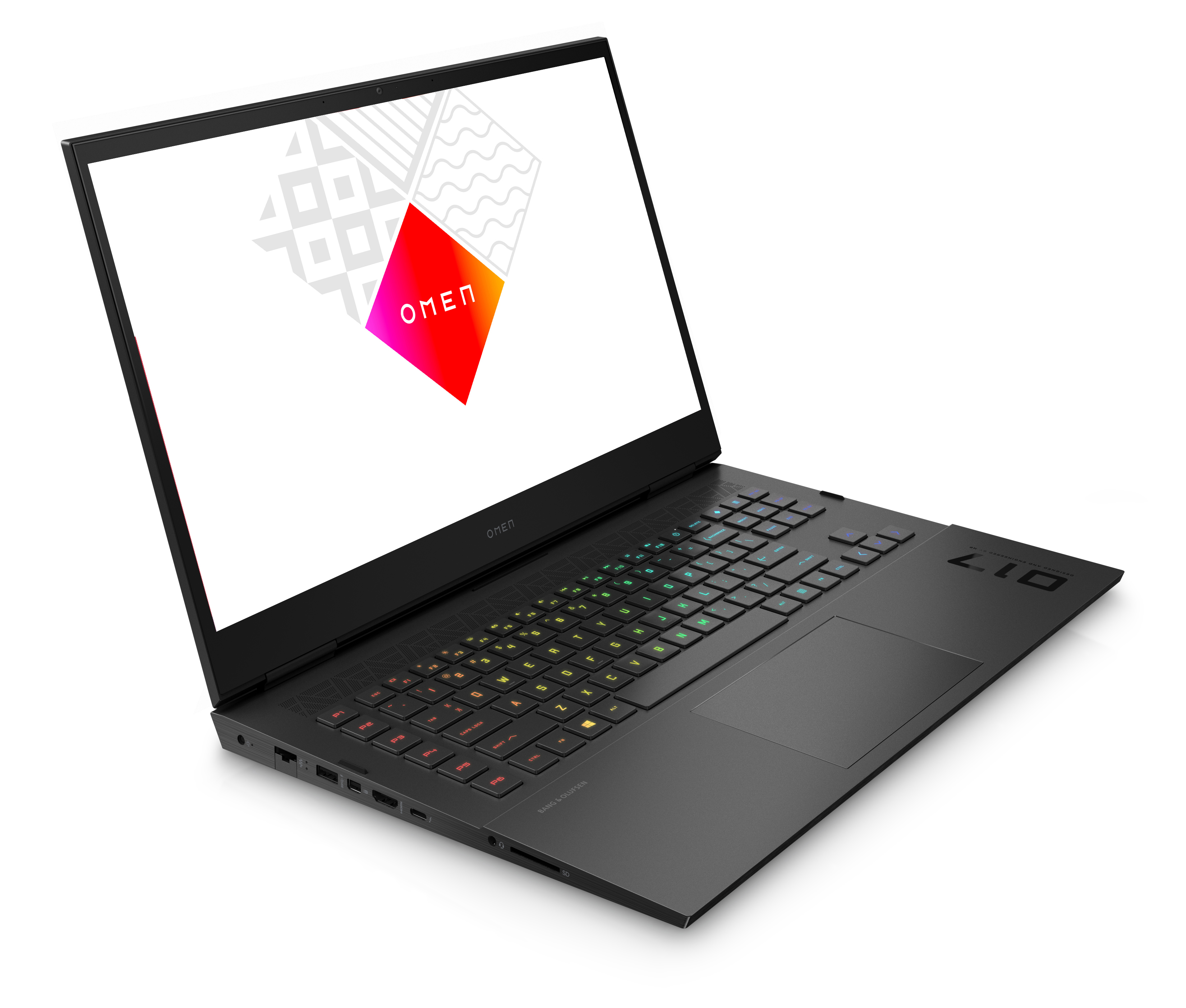 Portátil negro con logo OMEN en pantalla, teclado colorido y panel táctil.