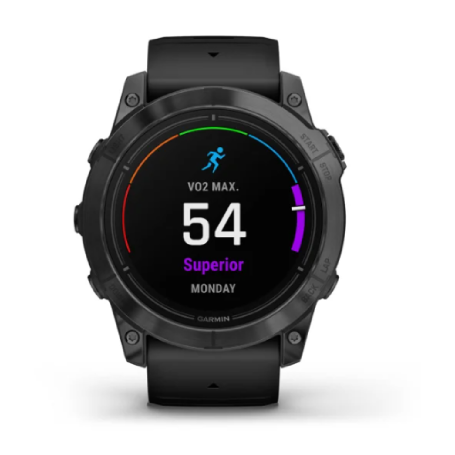 Zwarte smartwatch met VO2 Max en andere gezondheidsstatistieken.