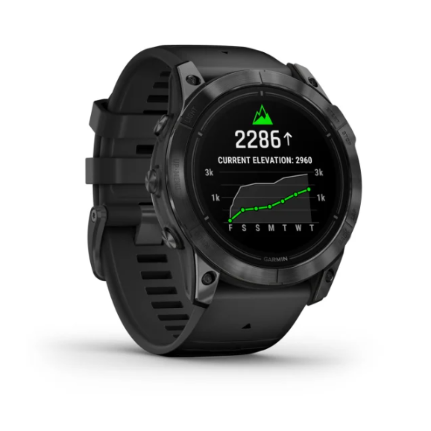 Zwarte smartwatch met hoogtegrafiek op het scherm.