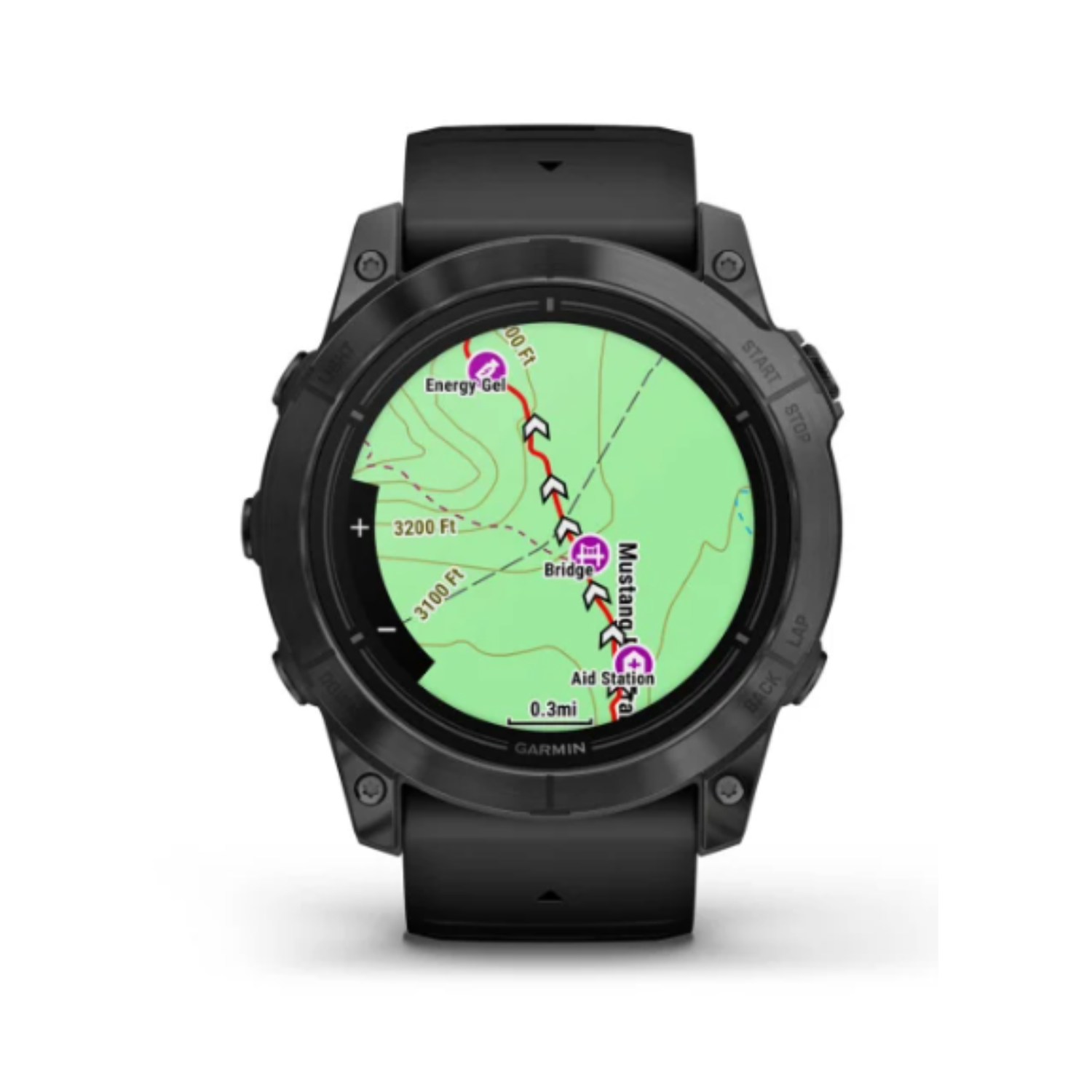Een zwart smartwatch met een kaart op het scherm, die een route met hoogtegegevens toont.