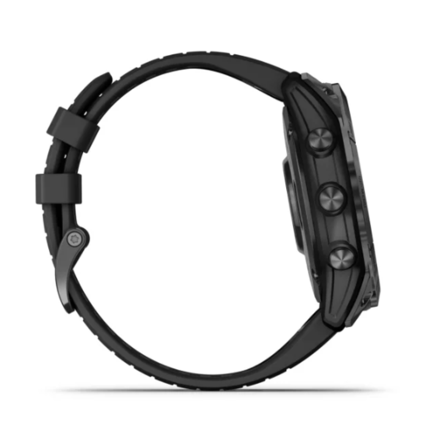 Zwarte smartwatch, zijaanzicht. Horlogeband is verbonden. Knoppen aan de rechterkant zichtbaar.