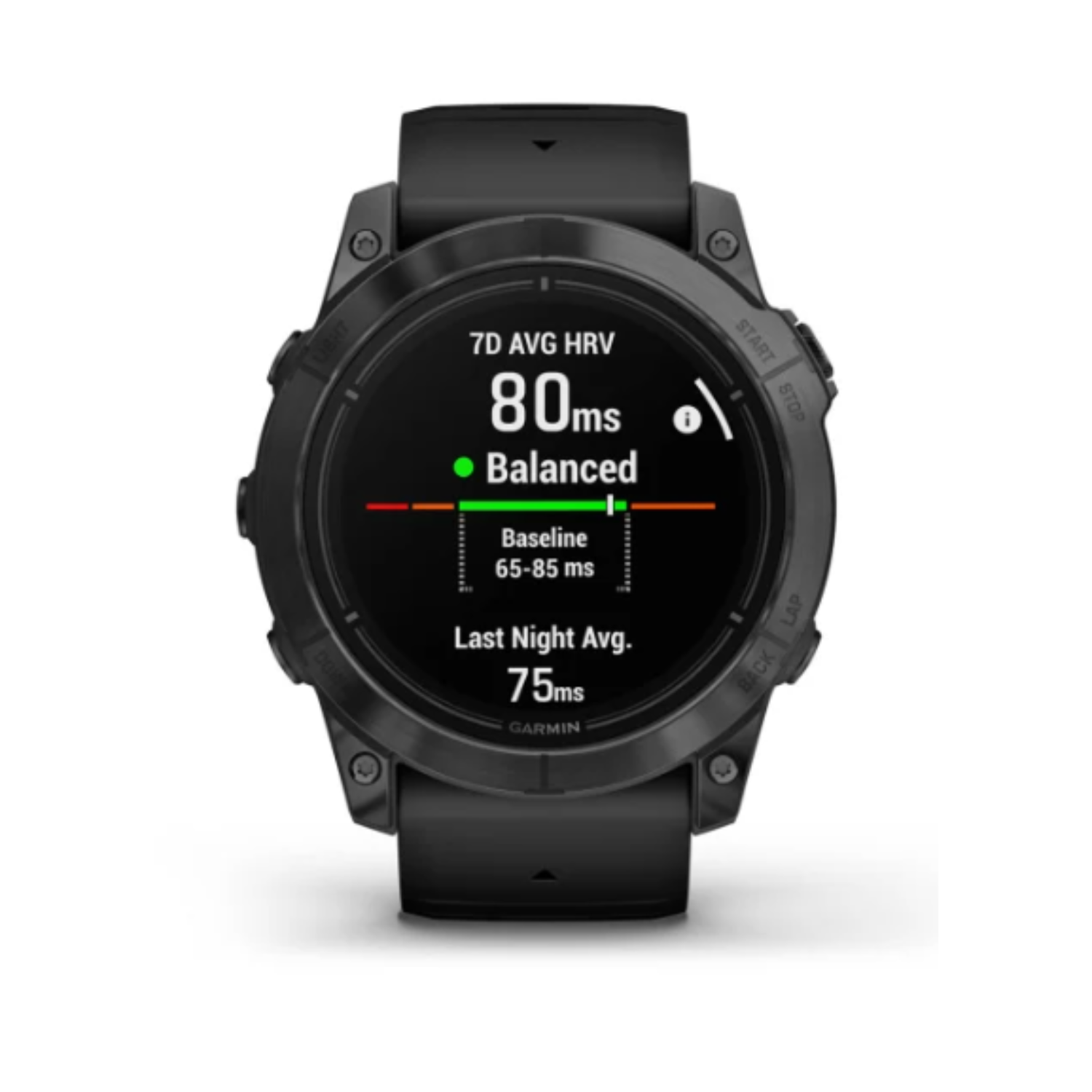 Zwarte smartwatch met ronde wijzerplaat met gezondheidsstatistieken. Zwarte band. Witte achtergrond.