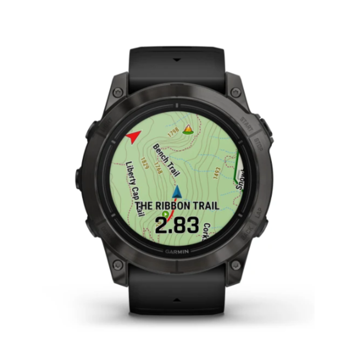 Een zwarte Garmin horloge met een kaart met een pad, afstand en gegevens. Zwarte band en zilveren rand.