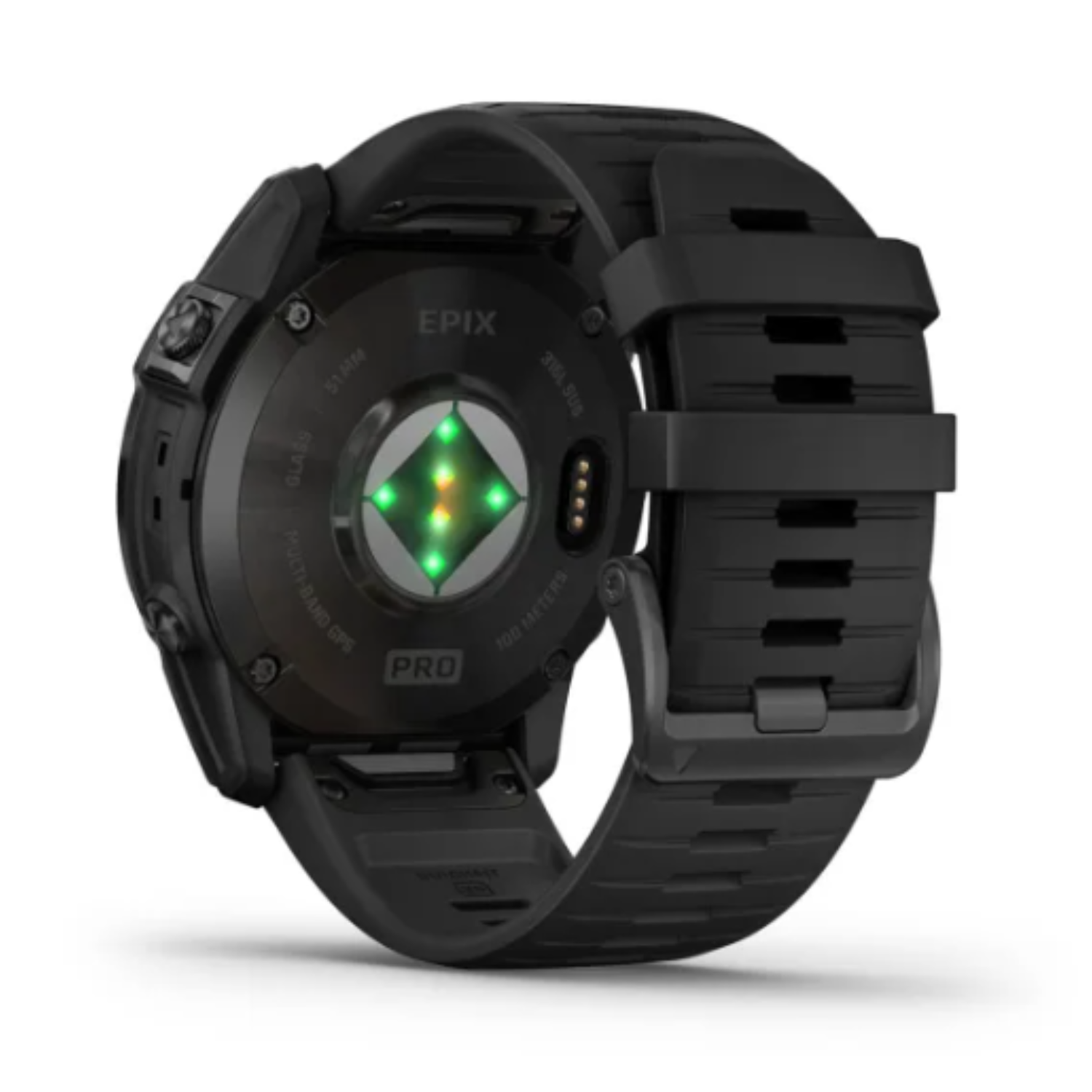 De achterkant van een zwarte Garmin Epix Pro horloge. De band is ook zwart.