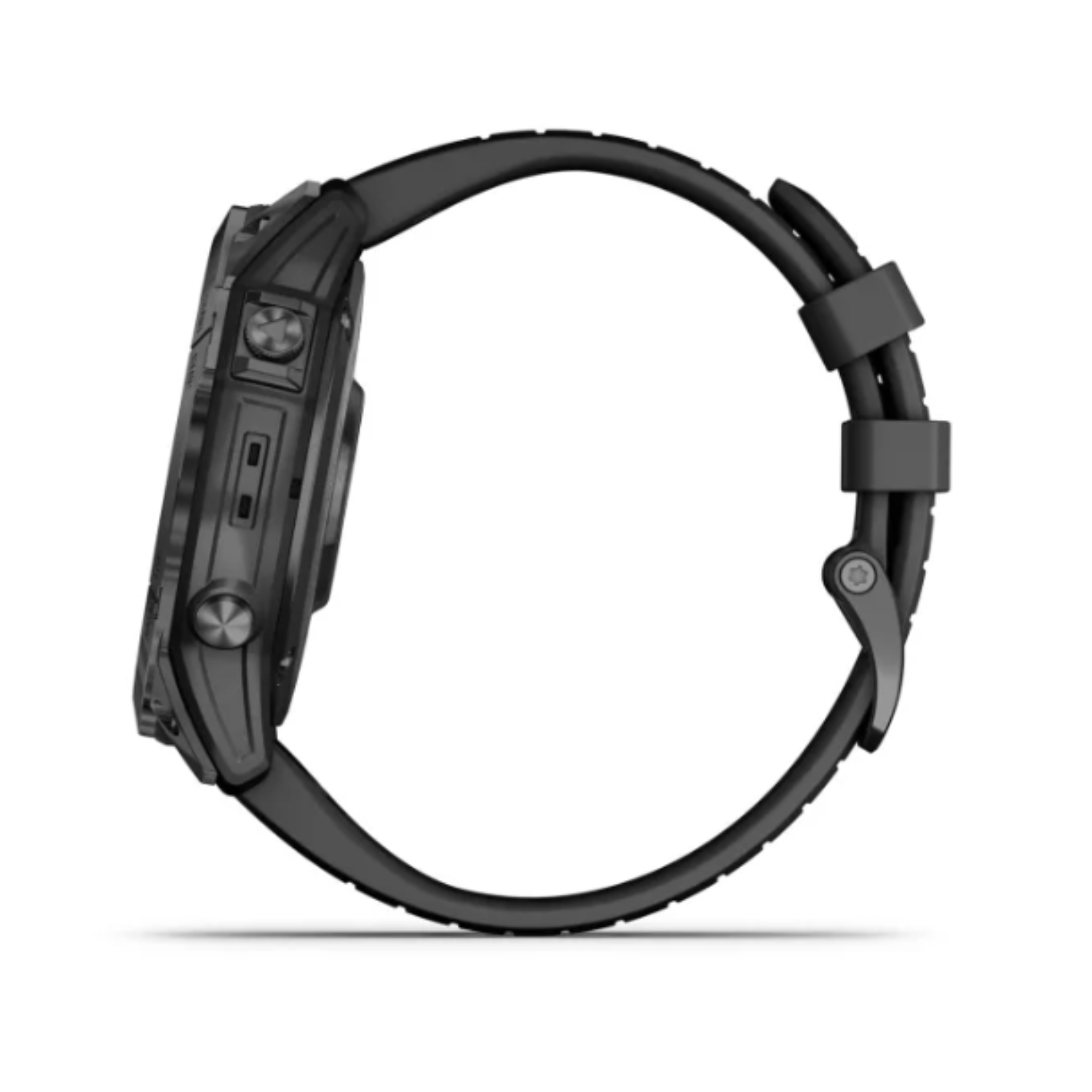 Een zwart horloge met zwarte band, zijaanzicht.