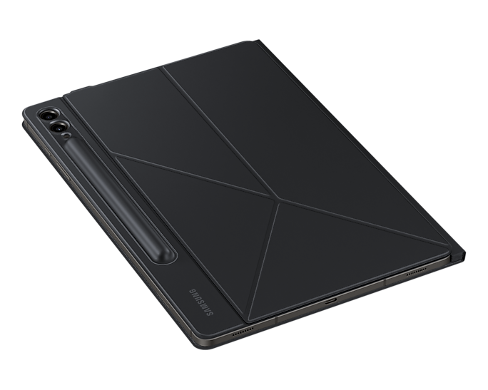 Tableta negra con funda y bolígrafo.