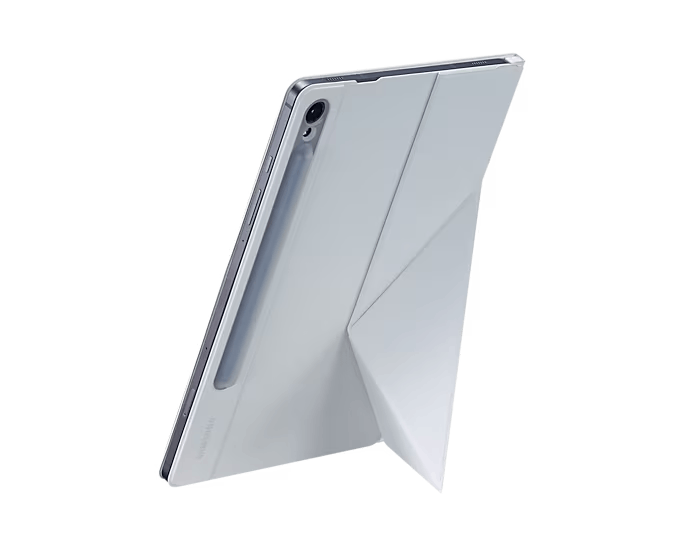 Una tableta blanca con una funda gris claro está apoyada. La funda se pliega para sostener la tableta. Un lápiz está adjunto.