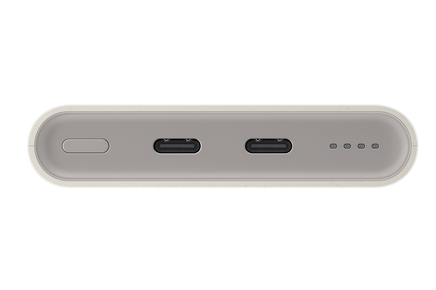 Vista superior de un banco de energía. Tiene dos puertos USB-C, un botón de encendido y luces indicadoras.