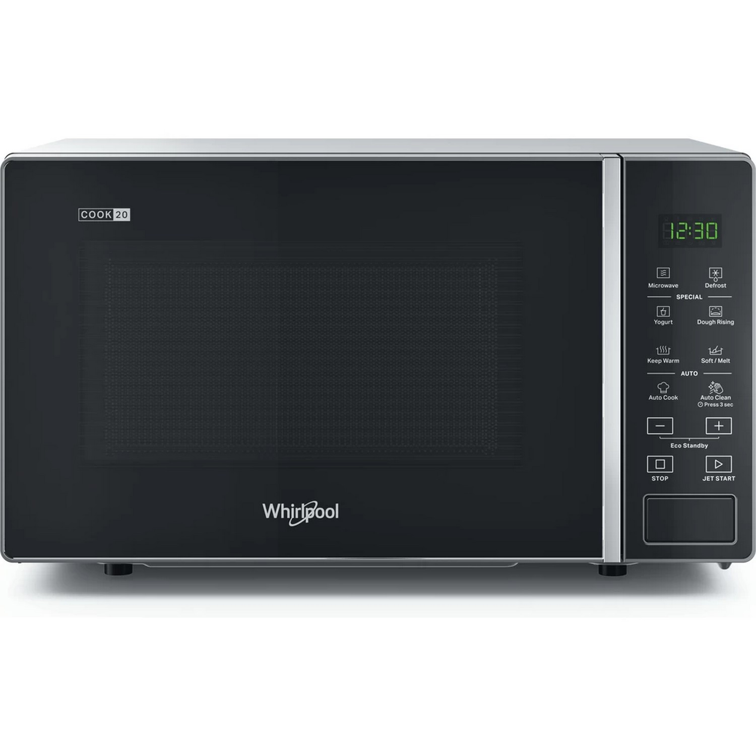 Black Whirlpool microwave oven with digital display and control buttons on white.
