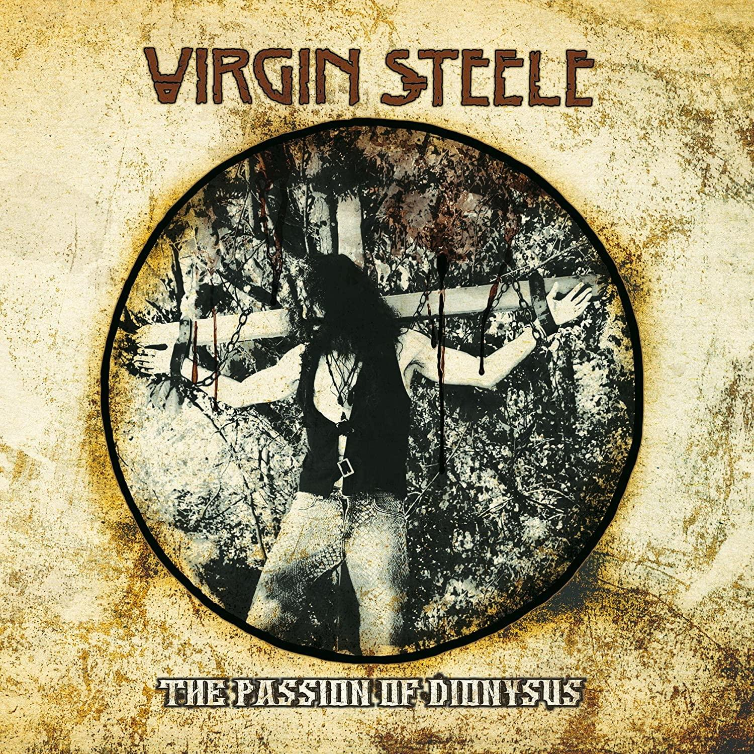 Albumcover von Virgin Steele. Gekreuzigter Mann im Kreis, Blut und Text auf Grunge-Hintergrund.