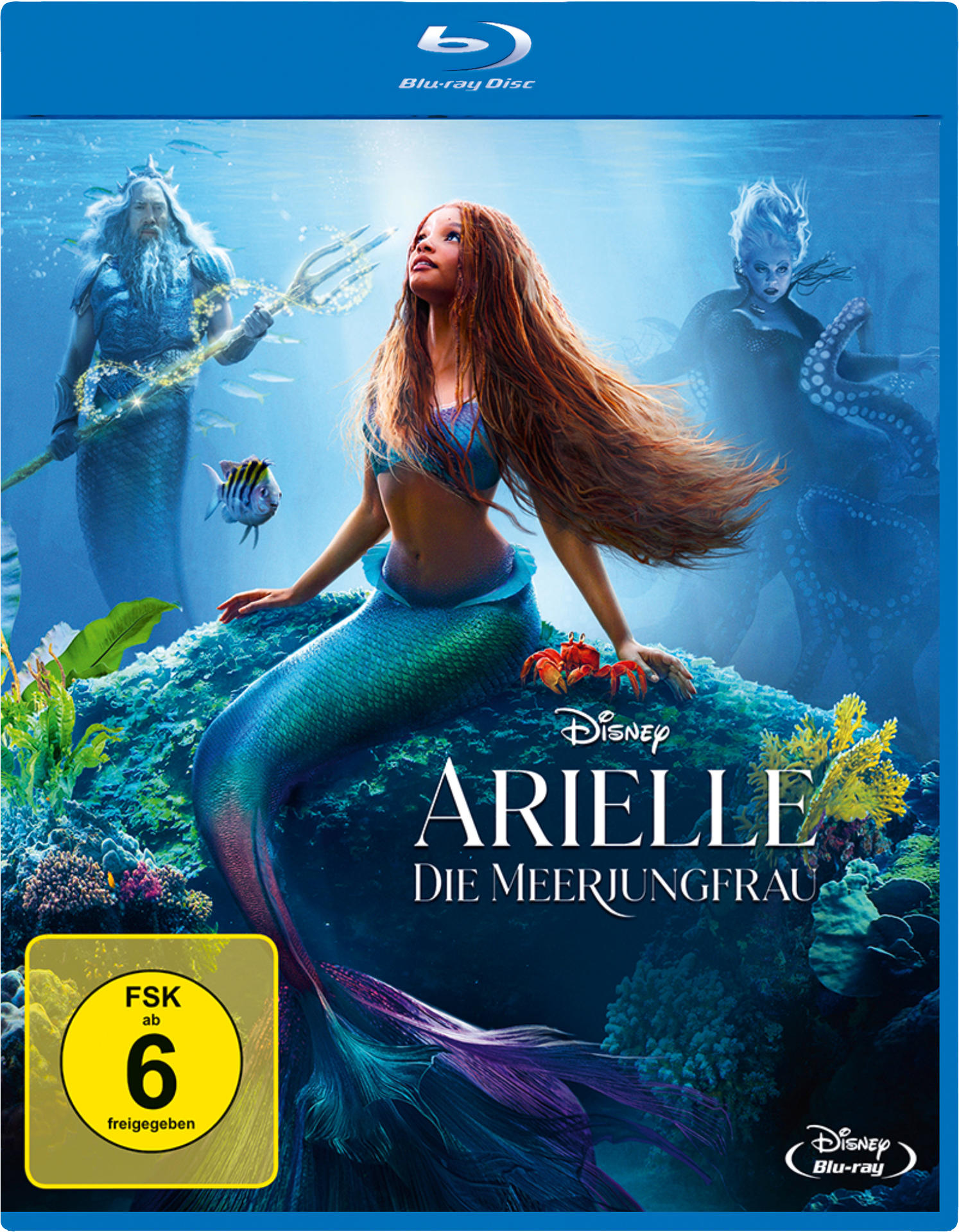 Blu-ray-Cover von 'Arielle Die Meerjungfrau'. Arielle, Meerjungfrauen und Meeresbewohner im Ozean.