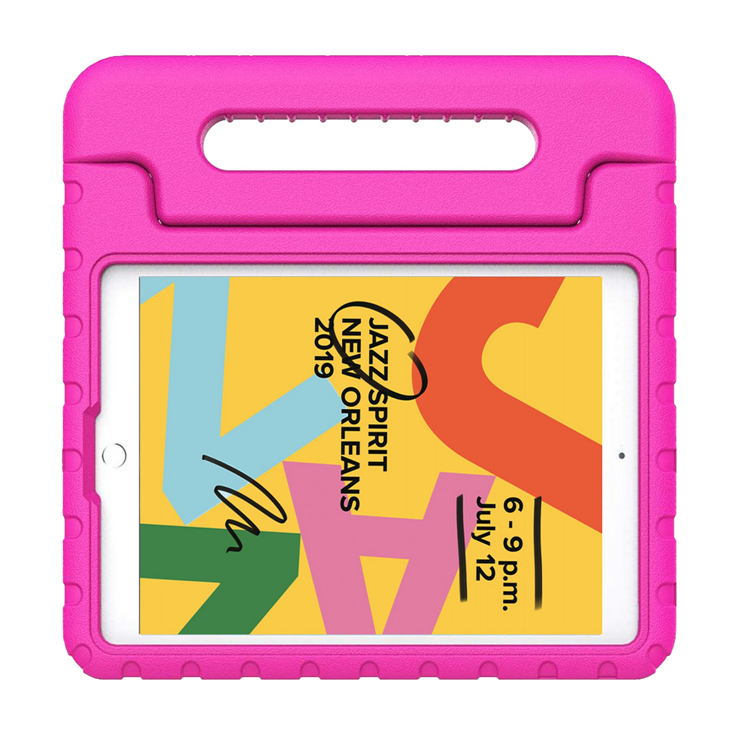 Étui rose pour tablette enfant avec tablette à l'intérieur, affichant le texte 'Jazz Spirit New Orleans'.