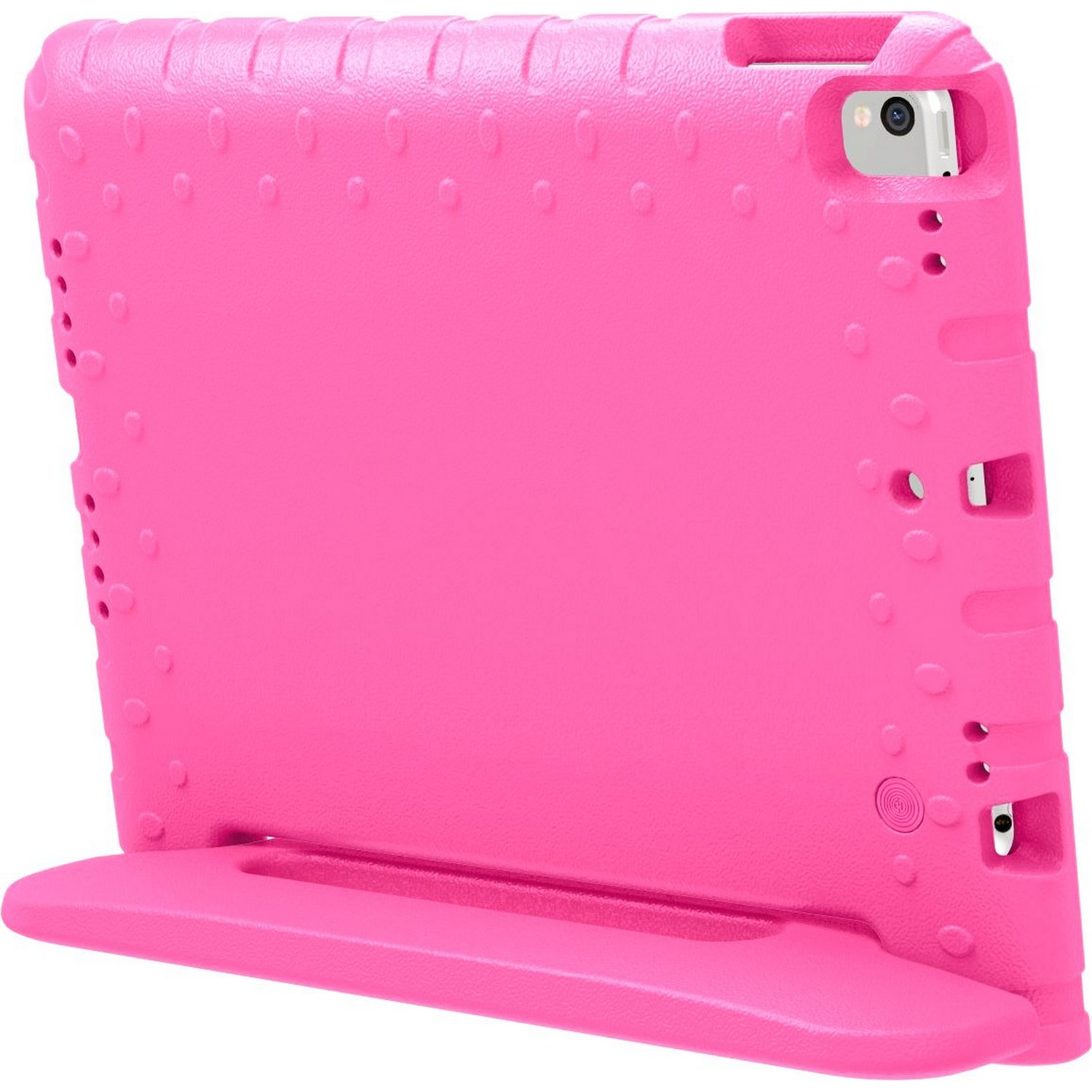 Un étui rose pour iPad avec un support, avec une caméra blanche.