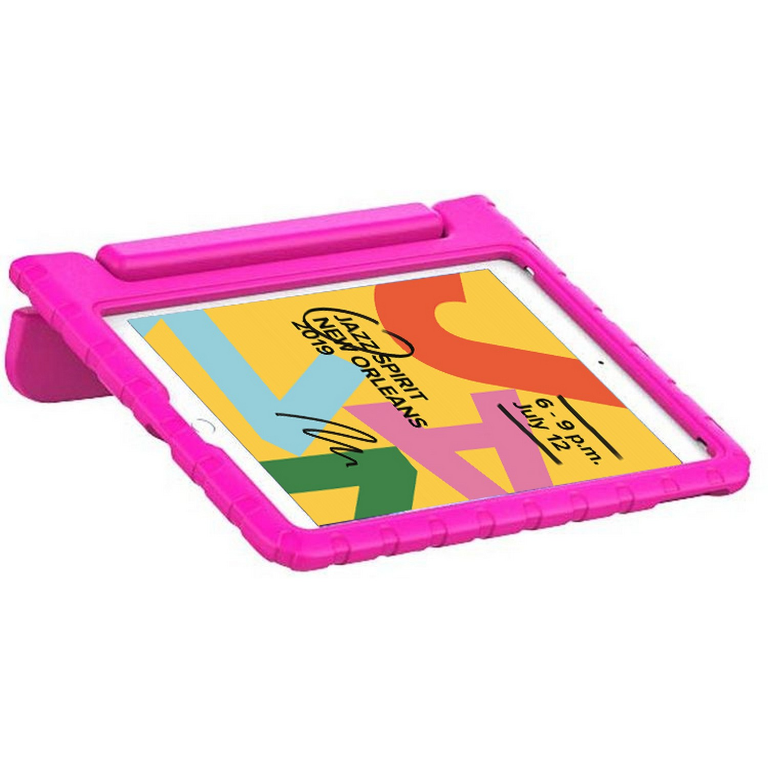 Étui de tablette rose avec une tablette. Texte 'Jazz Spirit New Orleans' à l'écran.