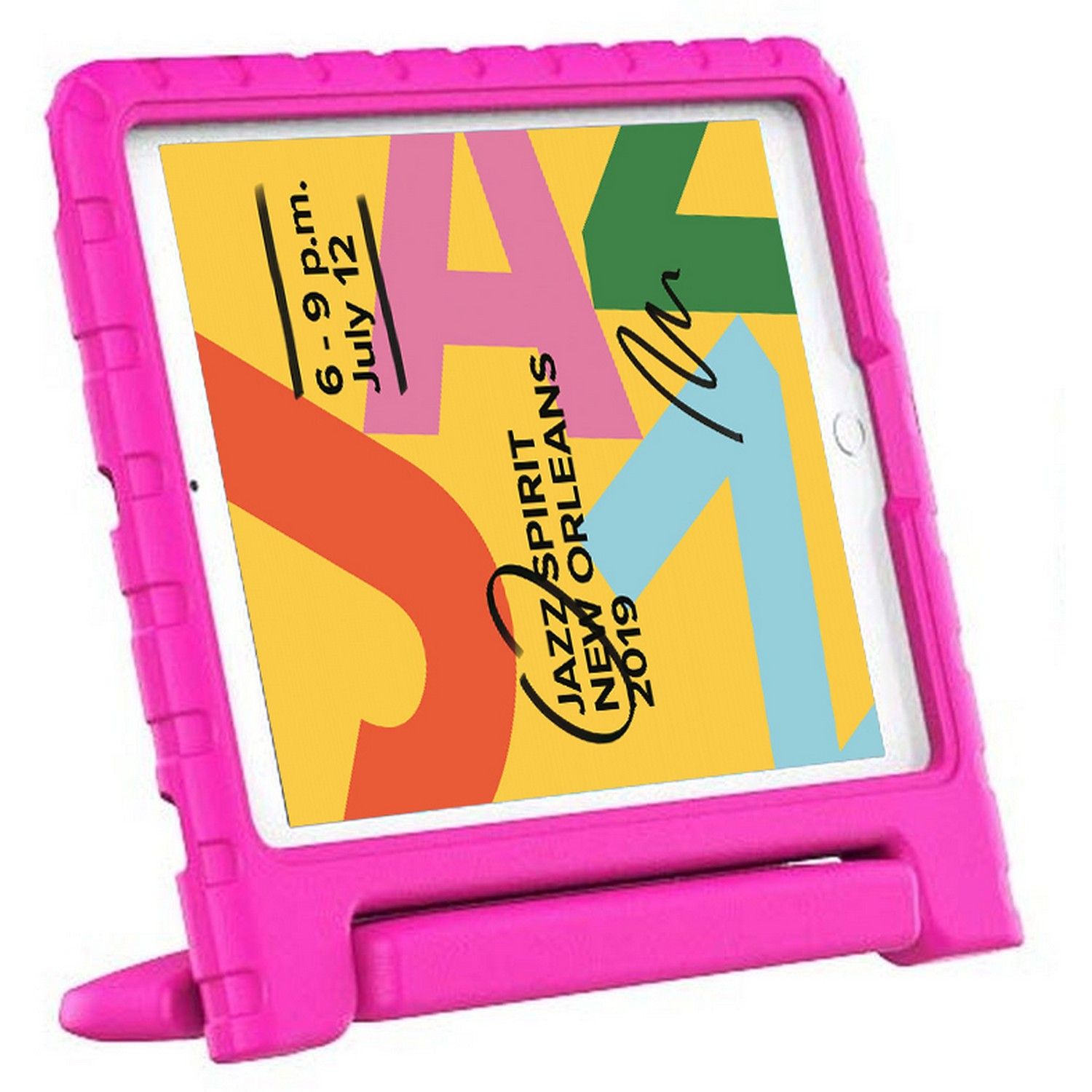 Housse de tablette rose affichant une tablette avec une affiche Jazz Spirit New Orleans 2019.