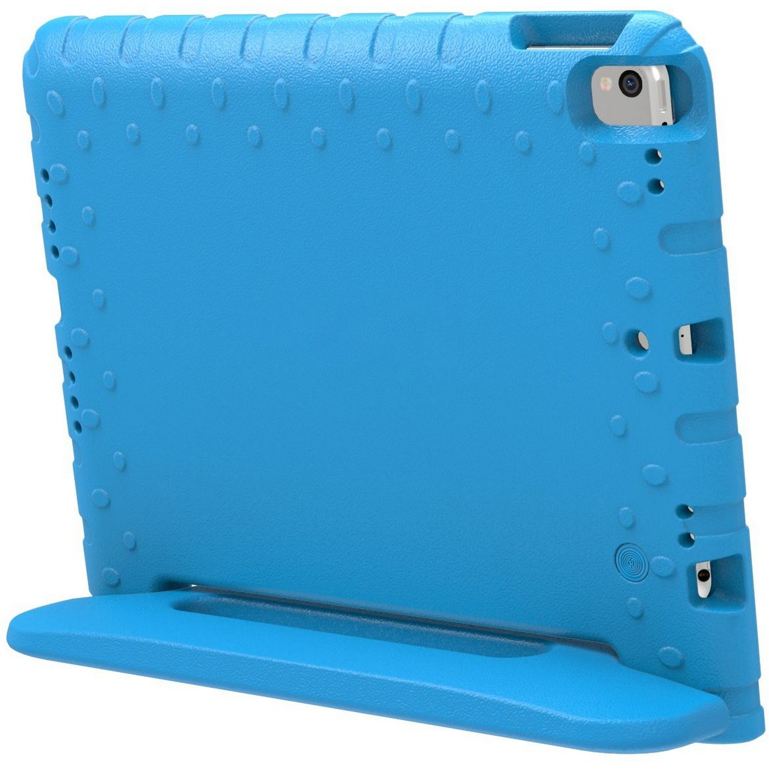 Coque de protection bleue pour tablette, avec support et bords arrondis.