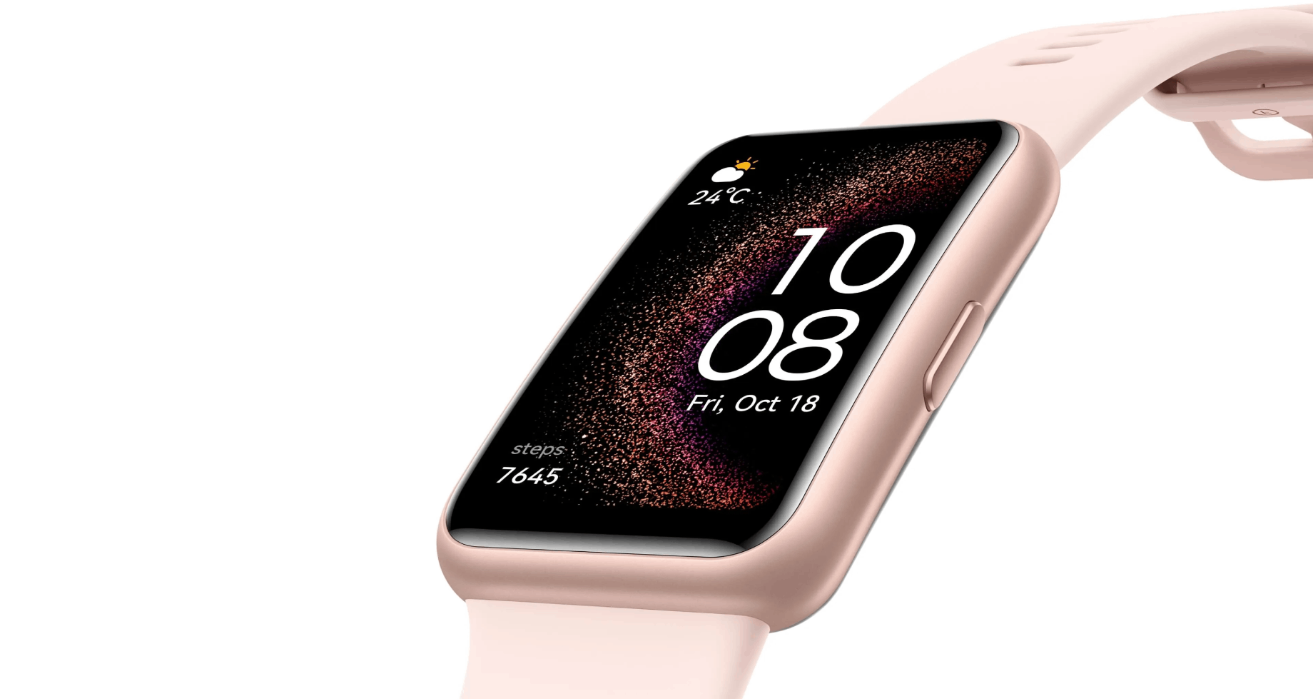 Un reloj inteligente rosa dorado muestra la hora y el clima en una pantalla oscura.