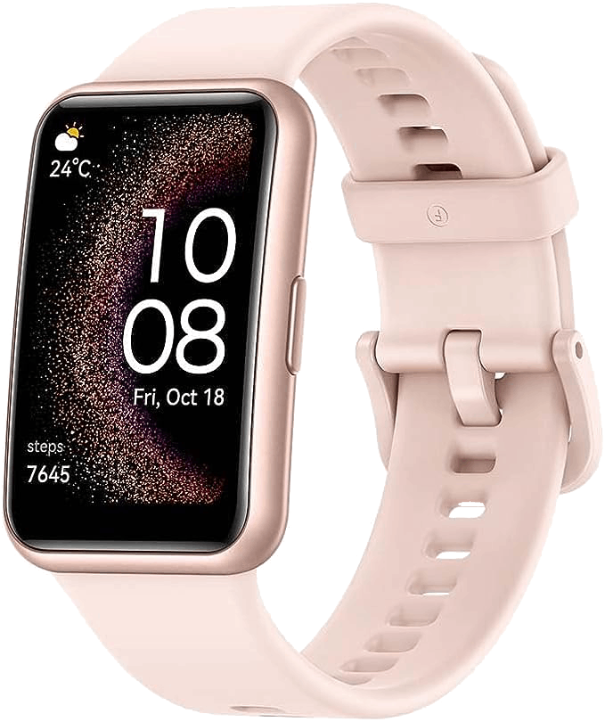 Smartwatch rosa mostrando hora y pasos, con correa rosa, sobre fondo negro.