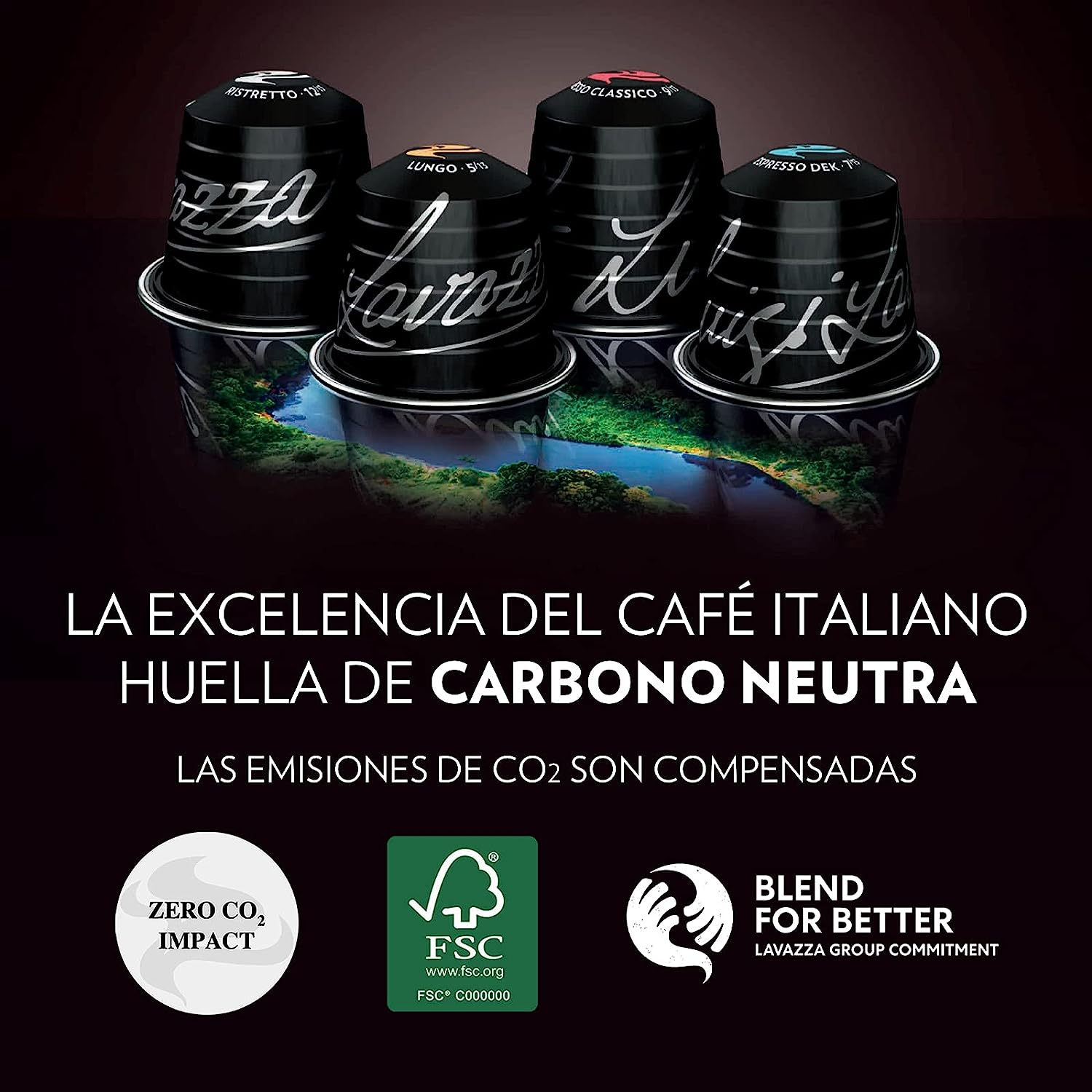 Cápsulas de café frente a un fondo borroso, con texto debajo.