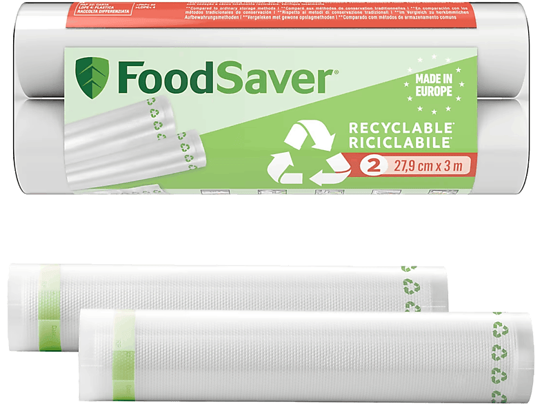 Bolsas de envasado - Foodsaver FSRE2802X , Plástico reciclable, 2 rollos, Transparente