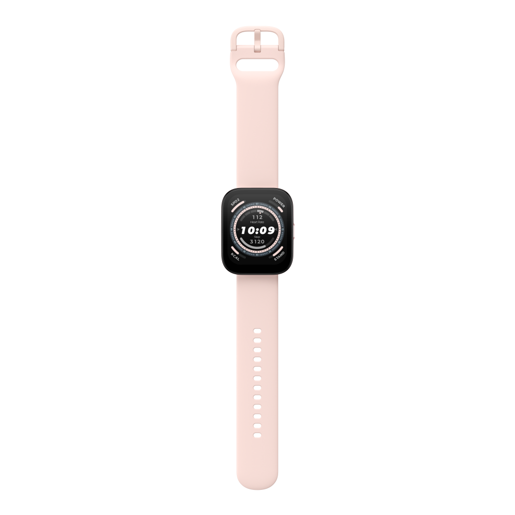Reloj inteligente rosa con pantalla negra y correa rosa.