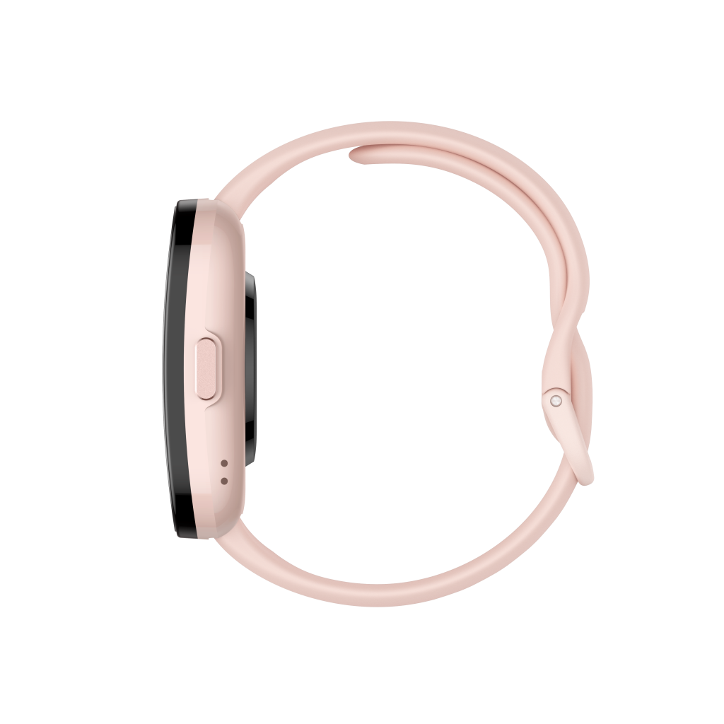 Smartwatch rosa, vista lateral, con correa rosa claro y pantalla negra.