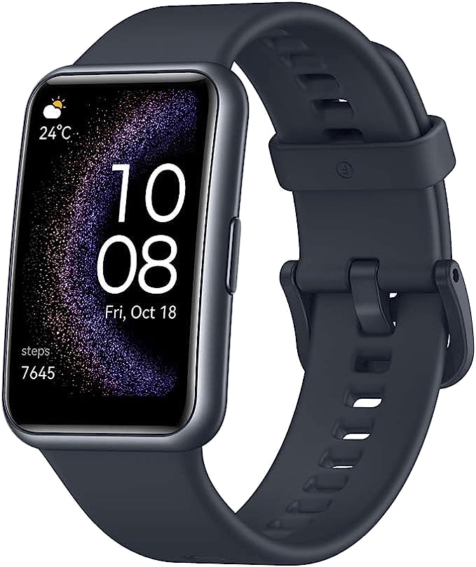 Reloj inteligente azul oscuro que muestra la hora, la fecha y los pasos en una pantalla negra.