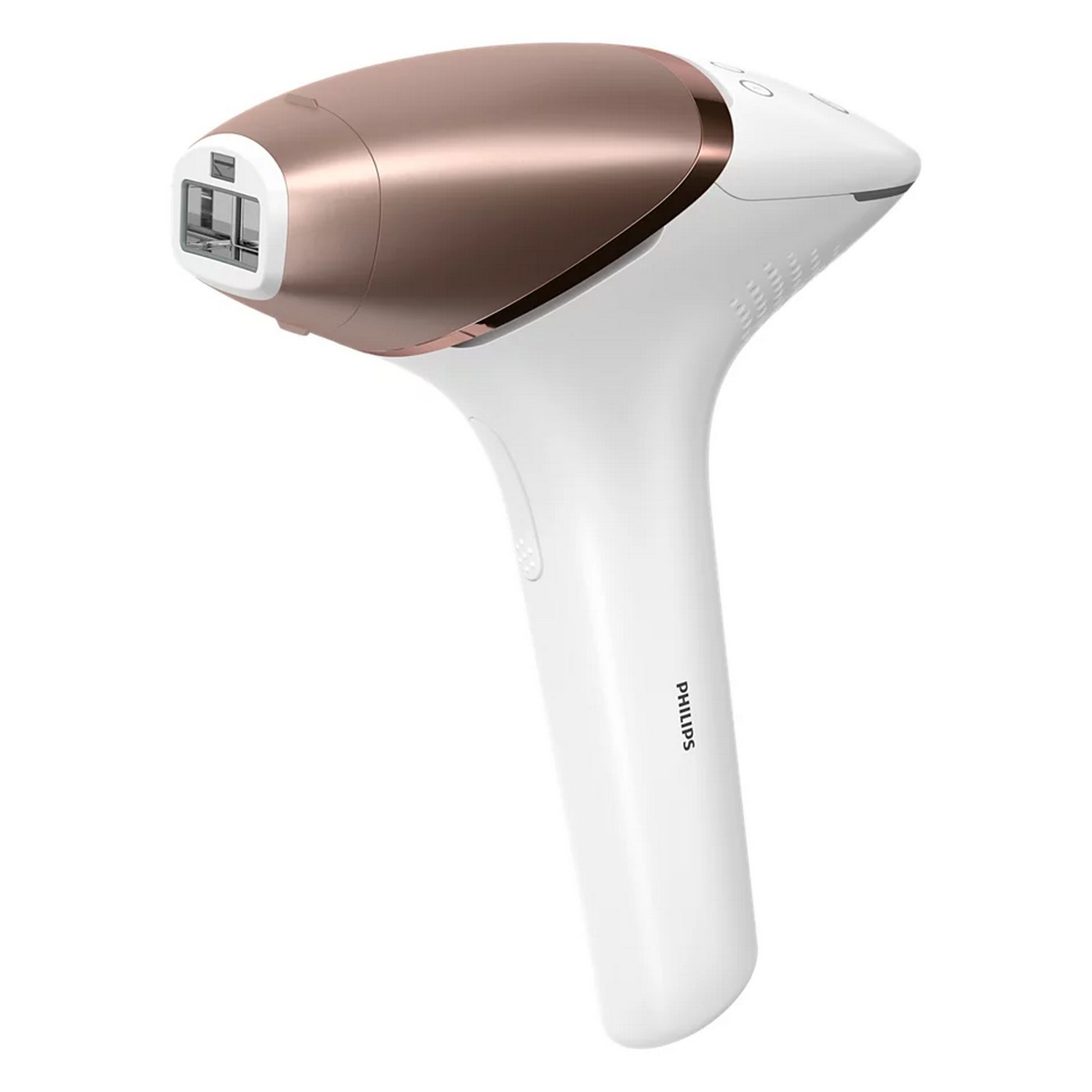 Een wit en roségoud Philips ontharingsapparaat, schuin op een witte achtergrond.
