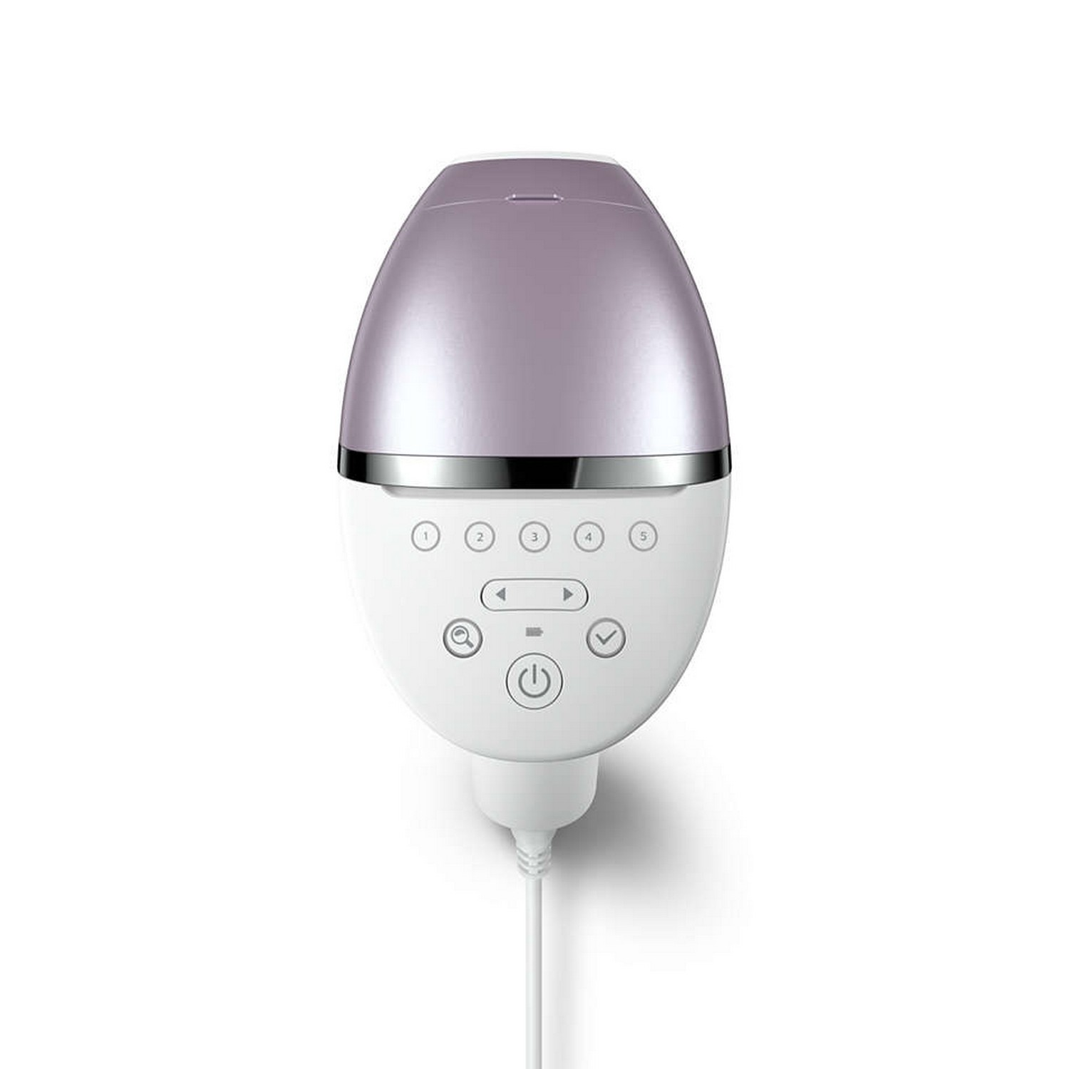 White and purple hair removal device, with several buttons and a cord.