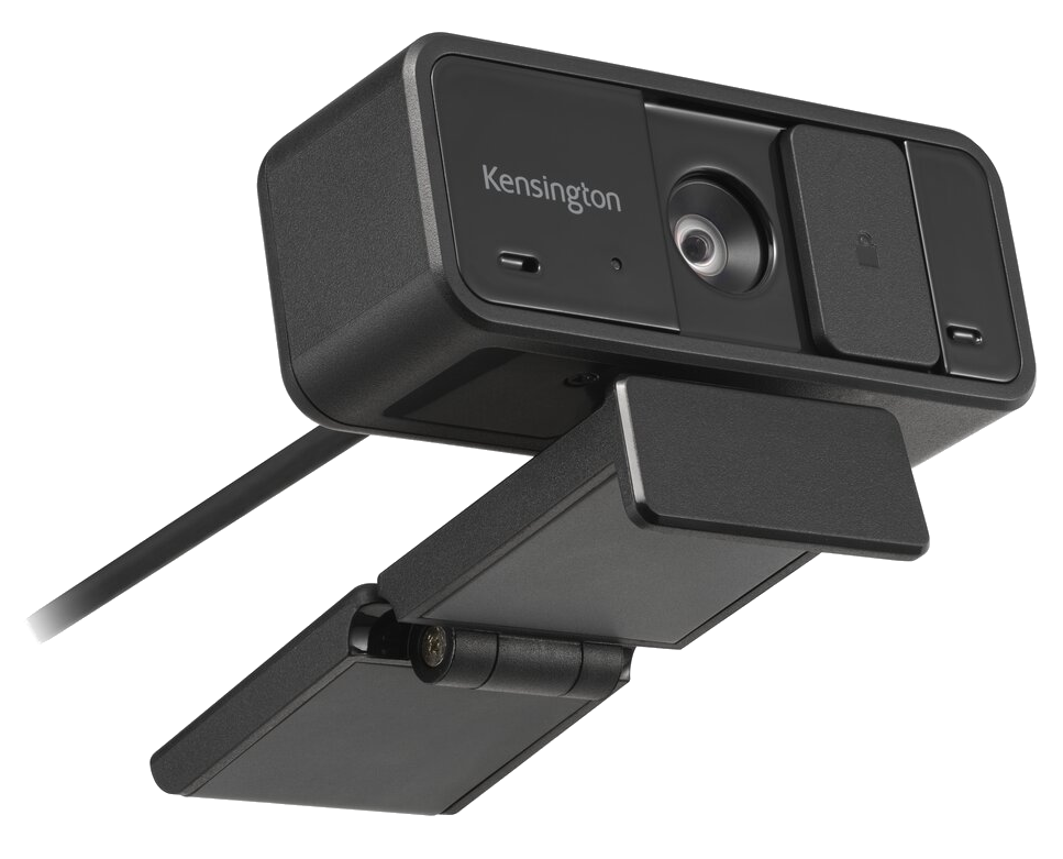 Fekete Kensington webkamera lencsével, mikrofonnyílásokkal és állítható állvánnyal.