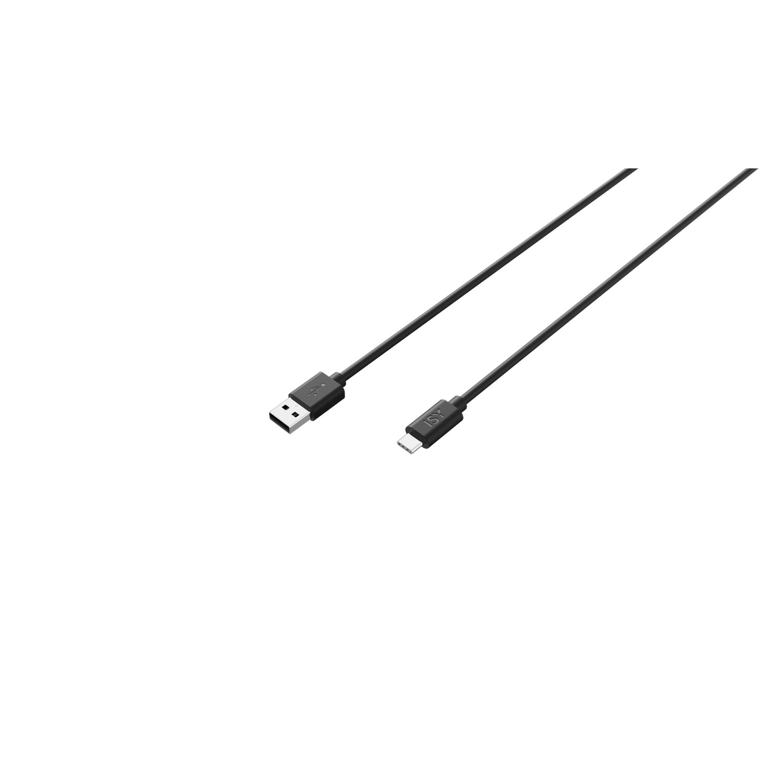 Un câble USB-C vers USB noir avec des connecteurs à chaque extrémité, sur fond blanc.