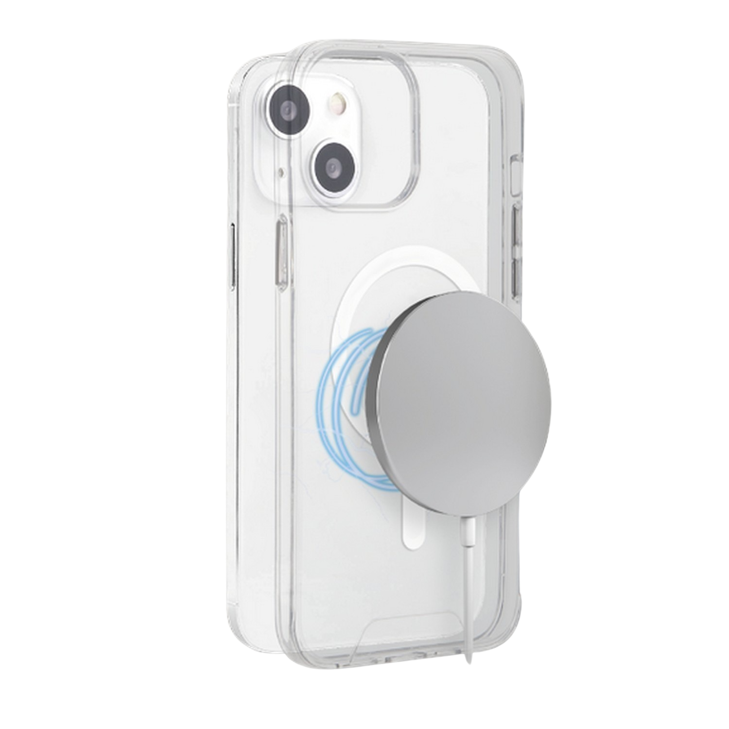 Coque de téléphone transparente avec un téléphone à l'intérieur. Un cercle magnétique argenté est attaché.
