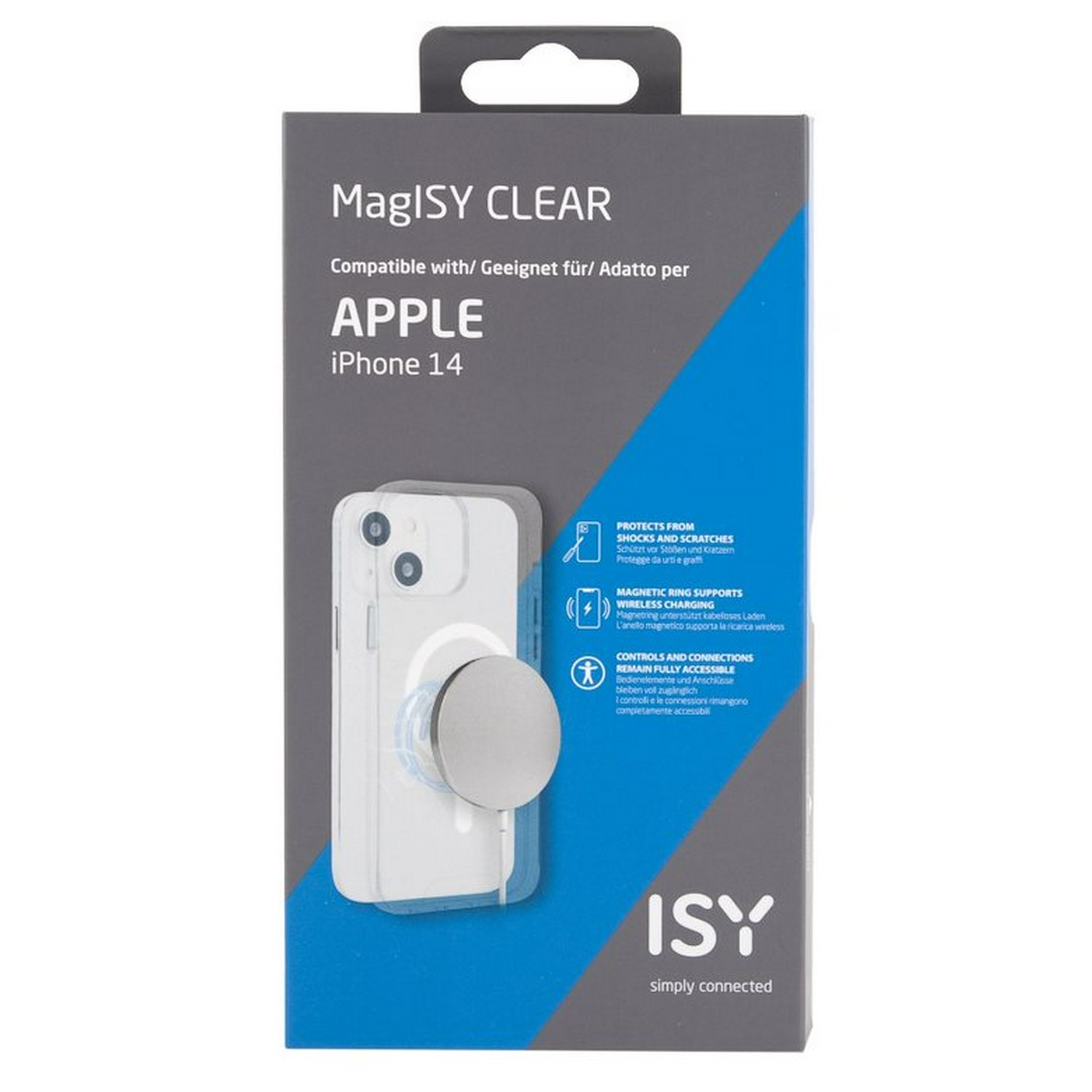 Emballage d'une coque pour iPhone 14. La boîte montre un téléphone blanc avec un popsocket circulaire. Texte : MaglSY CLEAR.