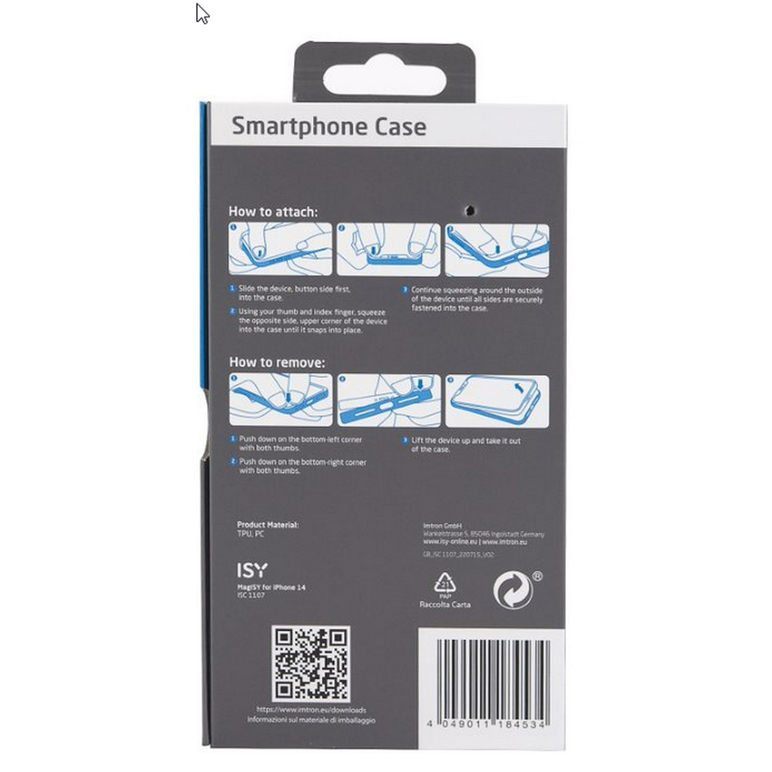 Emballage d'étui pour smartphone. Instructions pour attacher et retirer l'étui.
