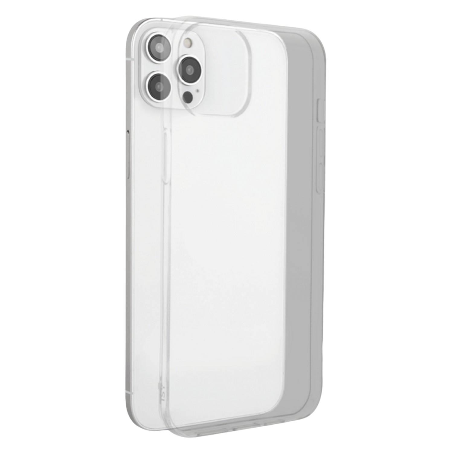 Een doorzichtige telefoonhoes met een camerabult, op een zwarte achtergrond, met het zijaanzicht.