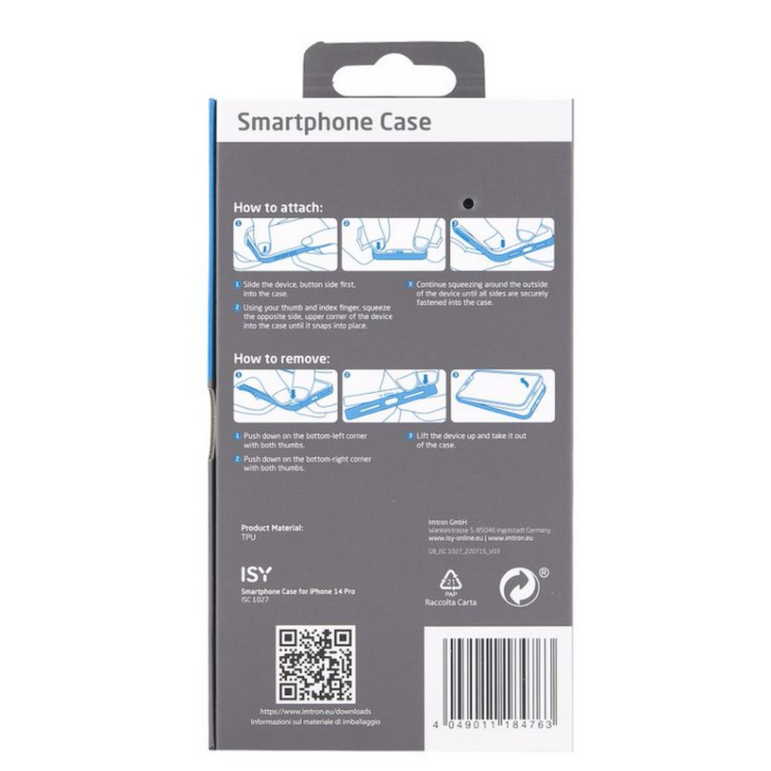 Verpakking van smartphonehoesje met instructies, materiaal en barcode.