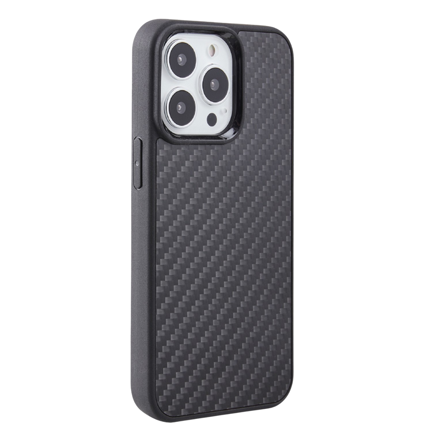 Coque de téléphone noire en fibre de carbone. Motif texturé et design protecteur élégant.