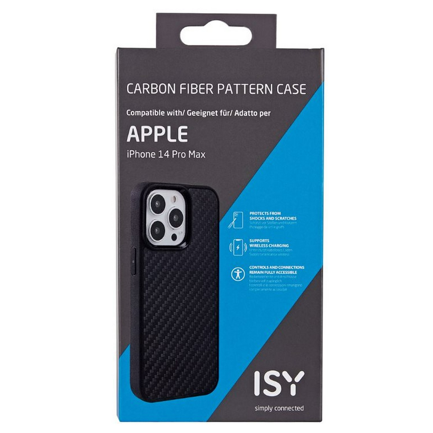 Coque iPhone noire avec motif fibre de carbone dans une boîte bleue et blanche.